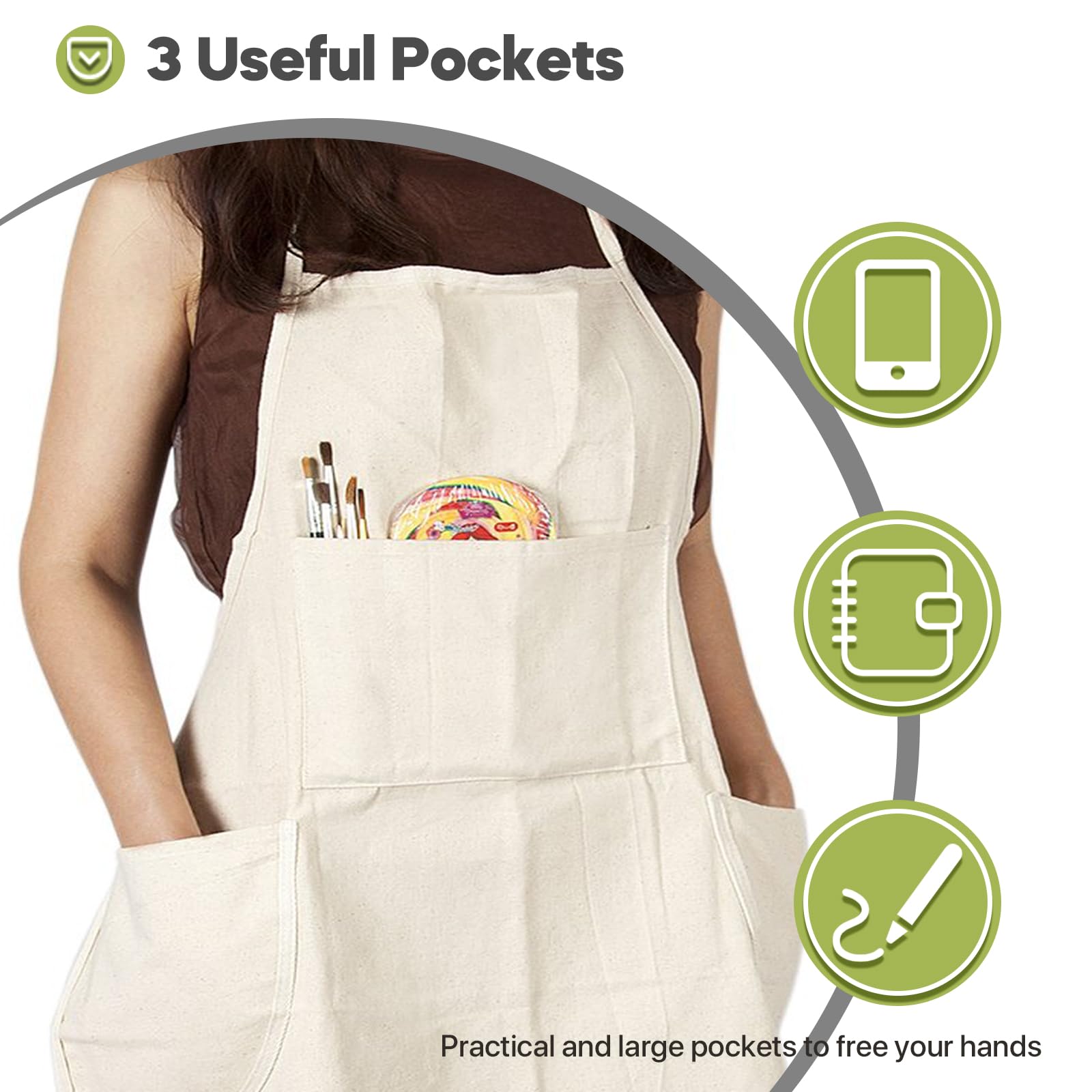 CONDA 100% Cotton Canvas Professional Bib Apron With 3 Pockets for Women Men Adults Waterproof Natural 31inch By 27inch