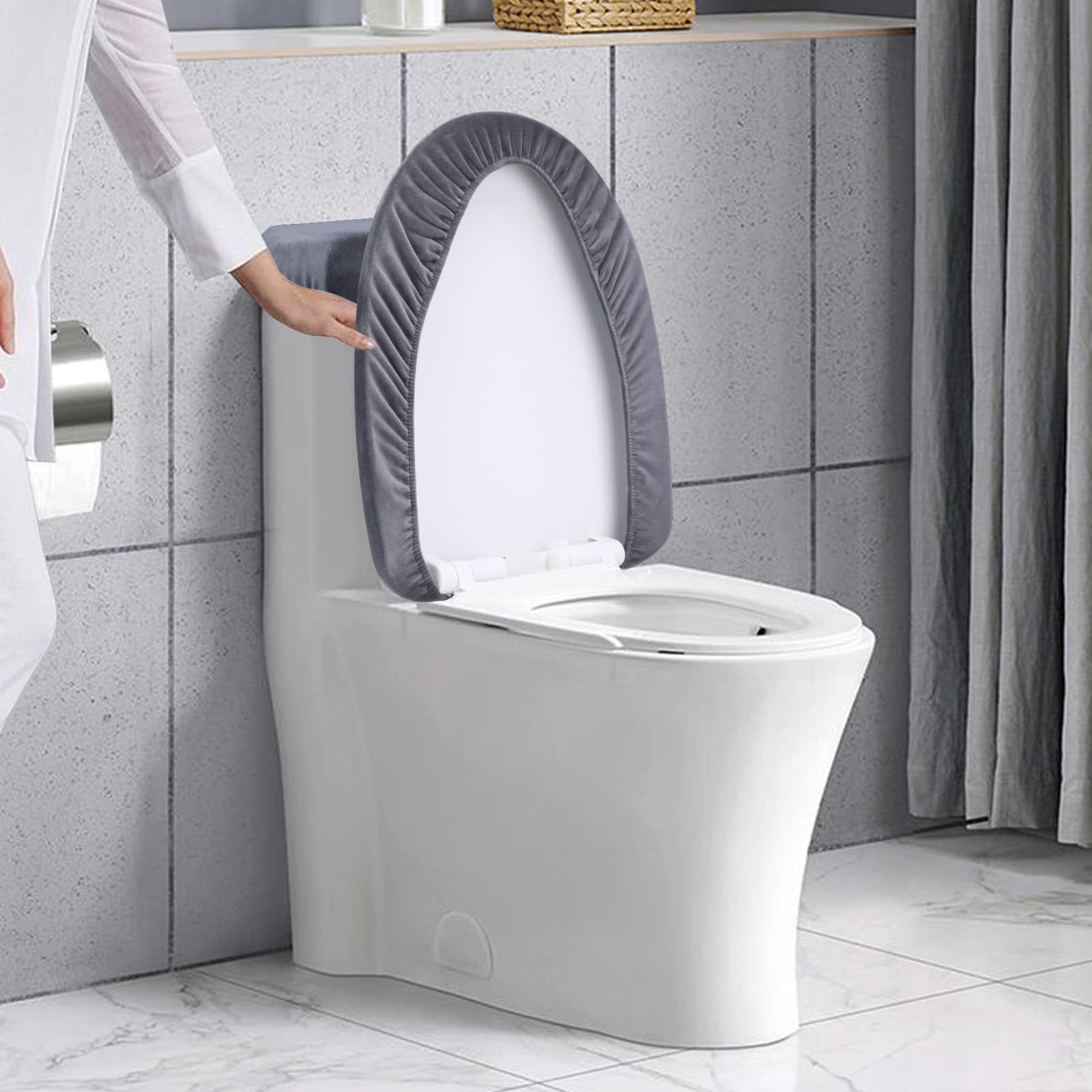 AZHCHKE Stretch Velvet Toilet Lid Cover and Toilet Tank Lid Cover  Bathroom Super Soft Toilet Lid Cover Set Luxury Velvet Plush  with Elastic Bottom  Machine Wash  Dark Grey