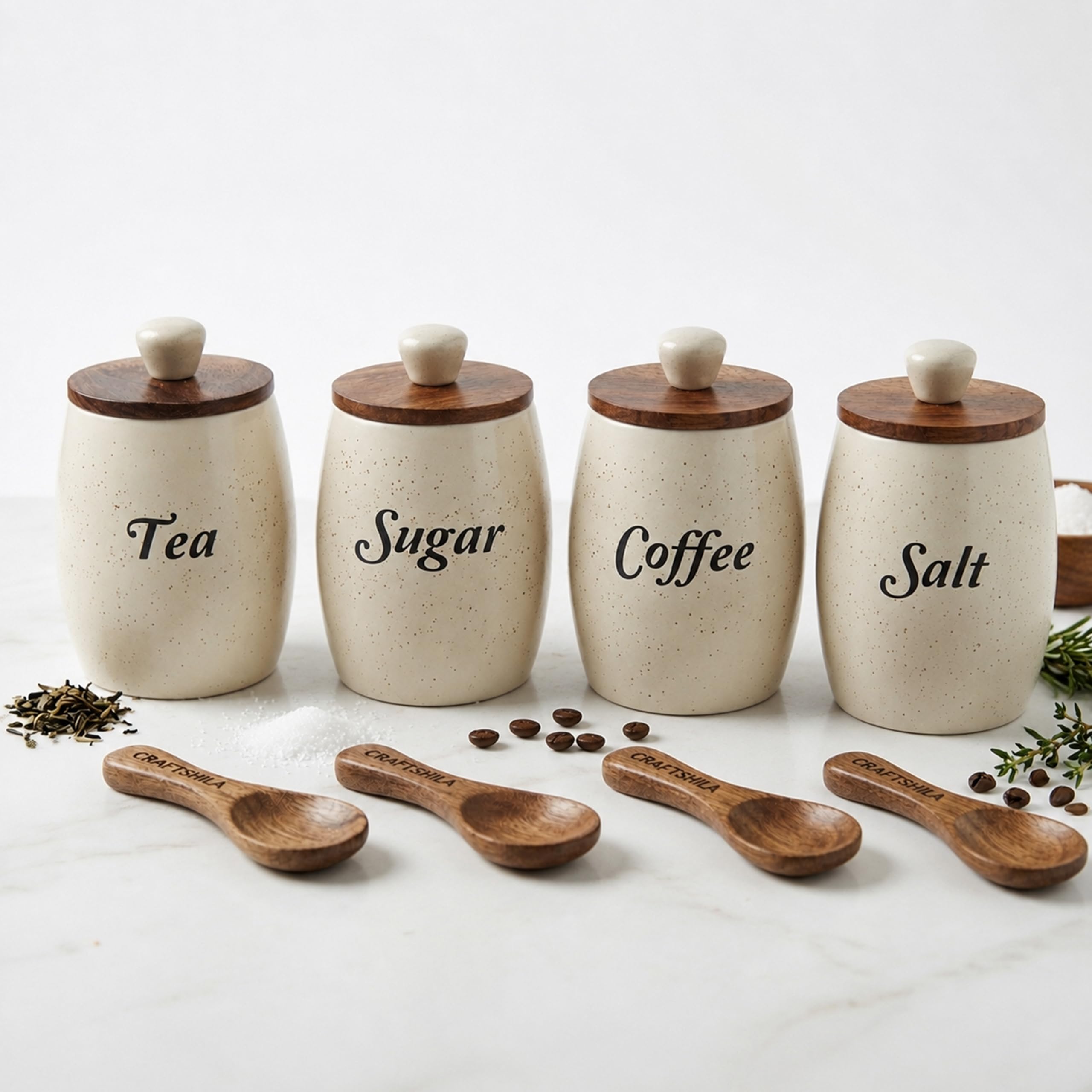 Craftshila Ceramic Tea Coffee Sugar Salt Containers Set Of 4 With Wooden Spoons & Lids | Jar & Container For Kitchen Storage Set