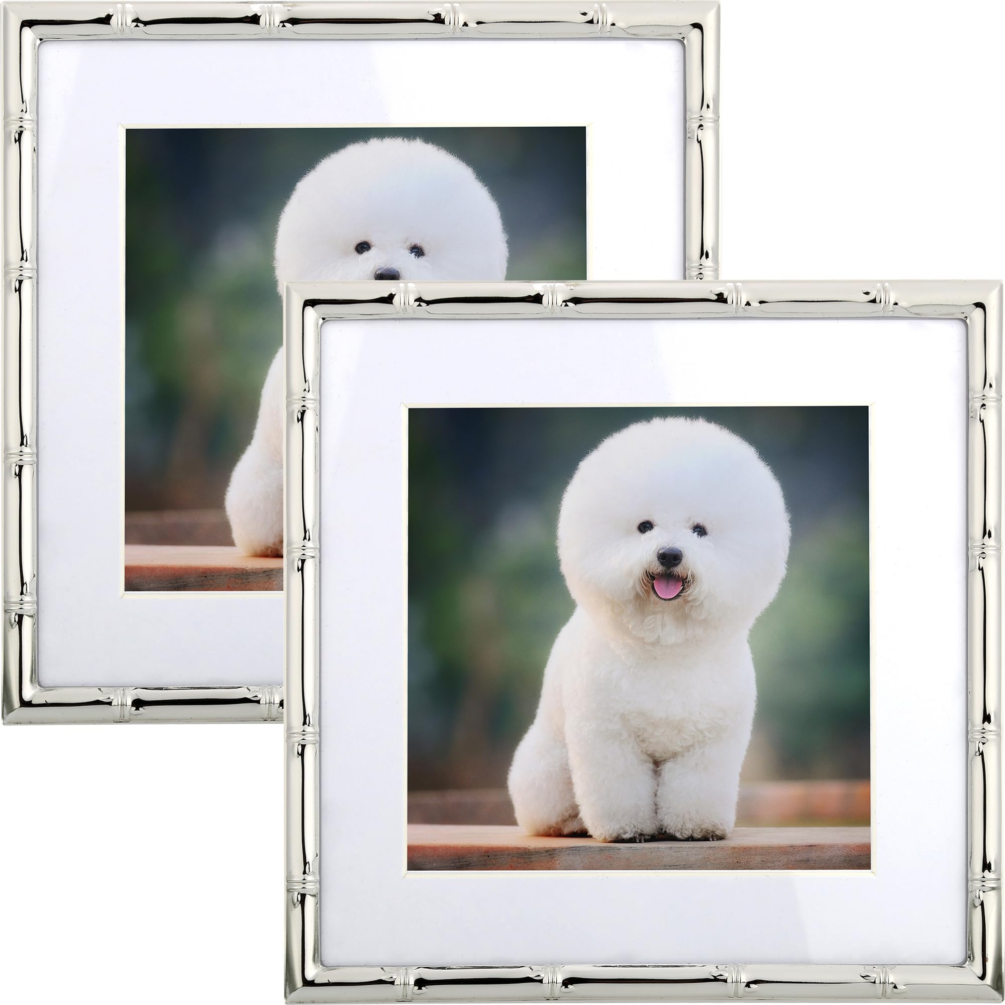 YiPinYin 6x6 Bamboo Detail Sqaure Silver Metal Picture Frame With Mat for 4x4 Set of 2, Narrow Silver Plated Photo Frames 4x