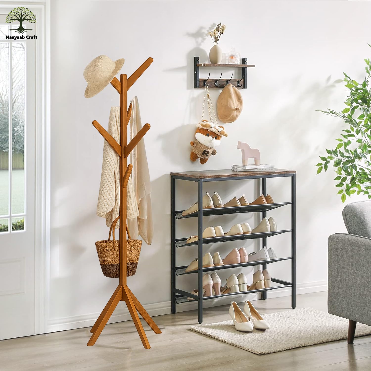 Naayaab Craft Coat Racks Coat Stand Free Standing With 8 Hooks Organize Hats Scarves, Clothes, Handbags For Entry Hallway Bedroo