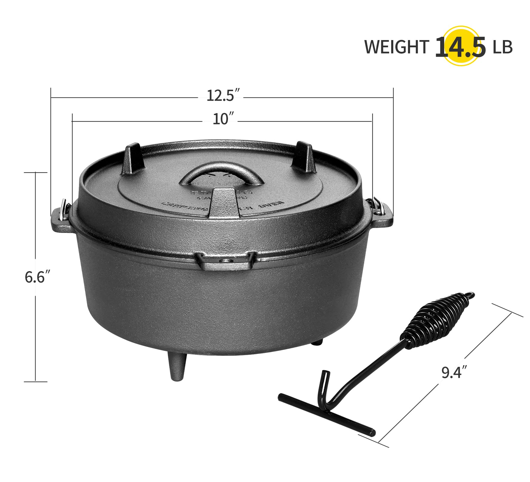 Edging Casting Pre-Seasoned Cast Iron Dutch Oven With Skillet Lid, Outdoor Camping Deep Pot For Camping Fireplace Cooking Bbq Ba