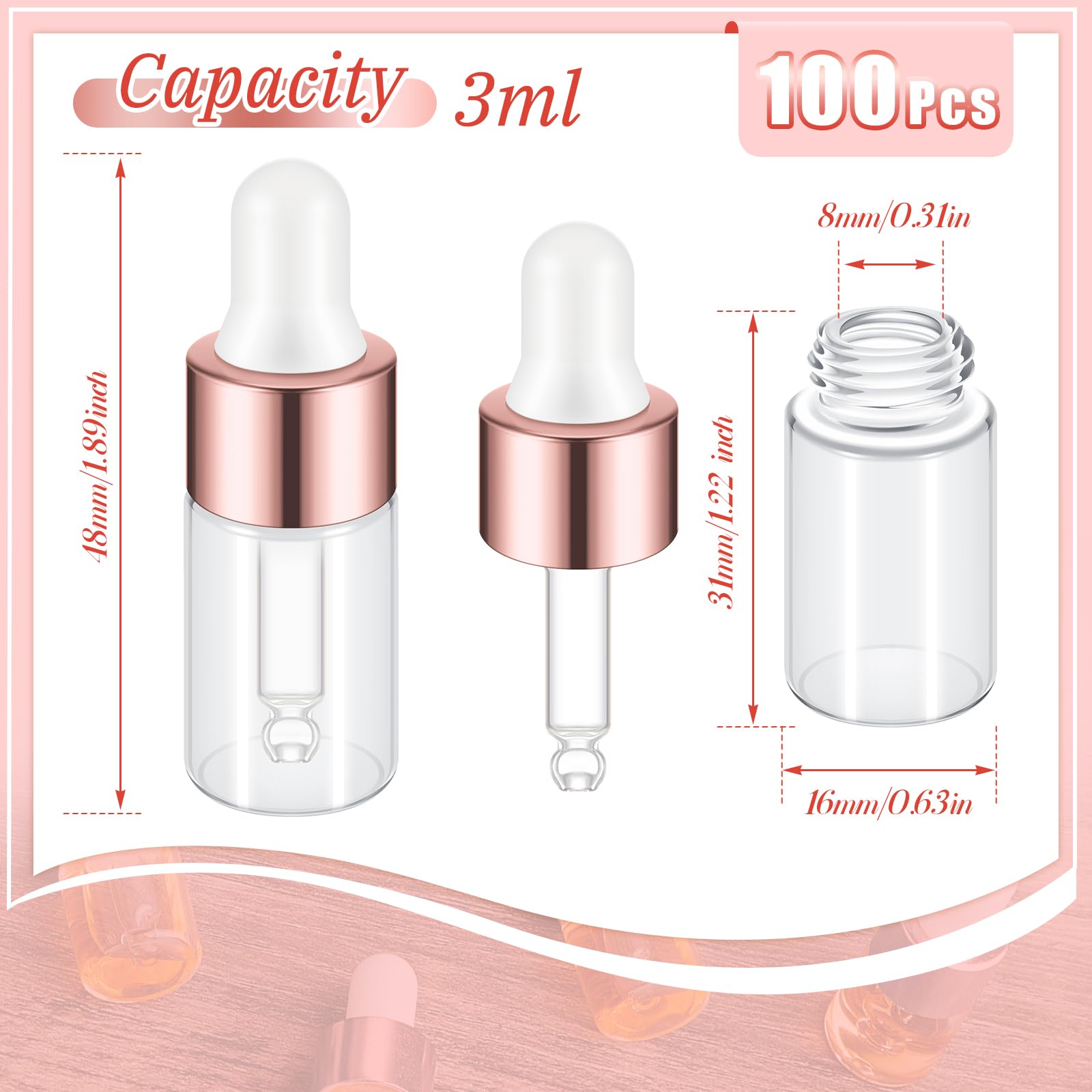 Didaey 100 Pcs Mini Glass Dropper Bottle Bulk, 3 Ml Rose Gold Clear Essential Oil Dropper Bottles Small Tincture Empty Bottles S
