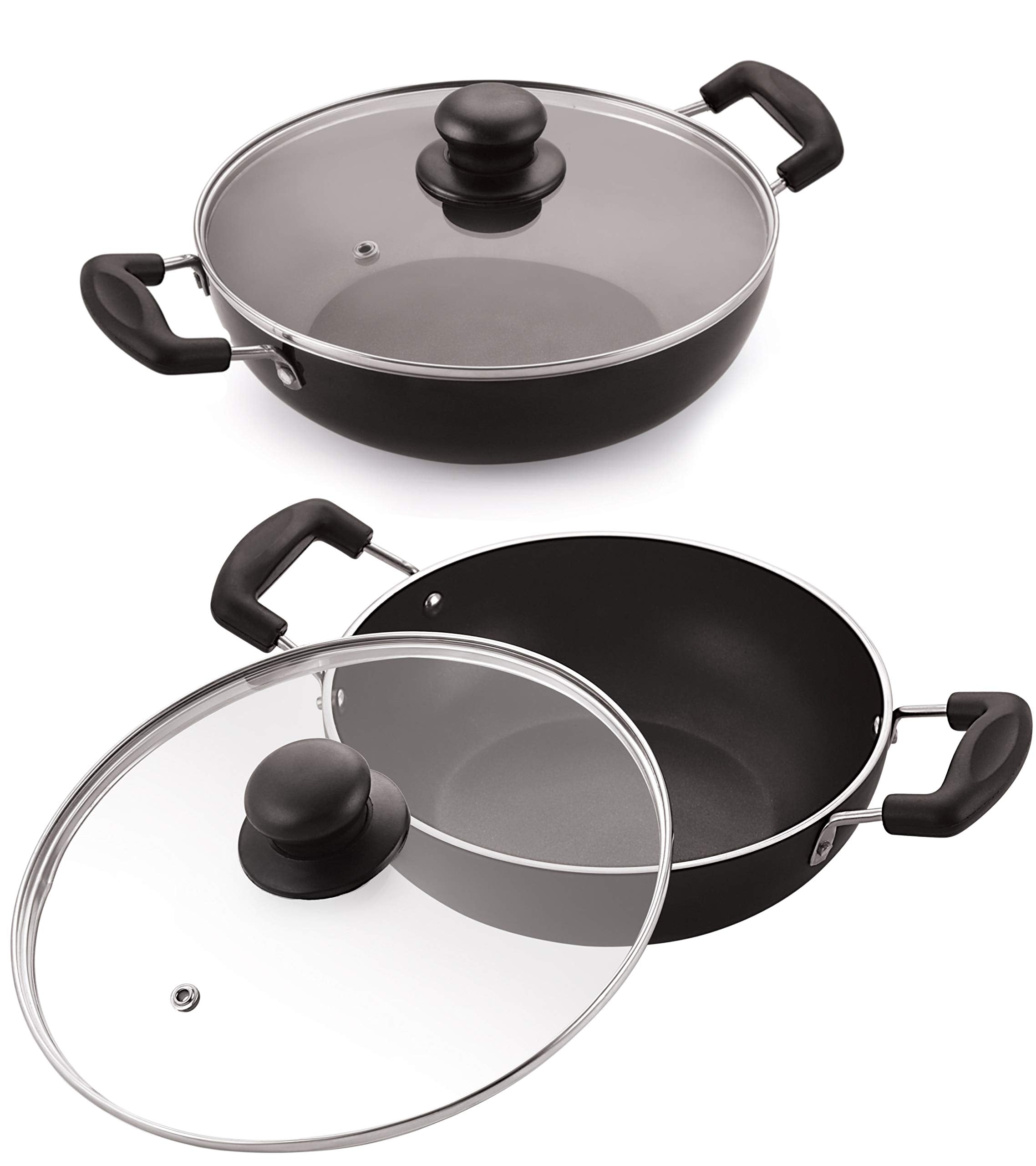 Celebrino 2 Pcs Deep Kadai Set Glass Lid, HeatResistant Strong Handle, Heavy Guage 4Mm Thick Aluminum Cookware For Induction/El