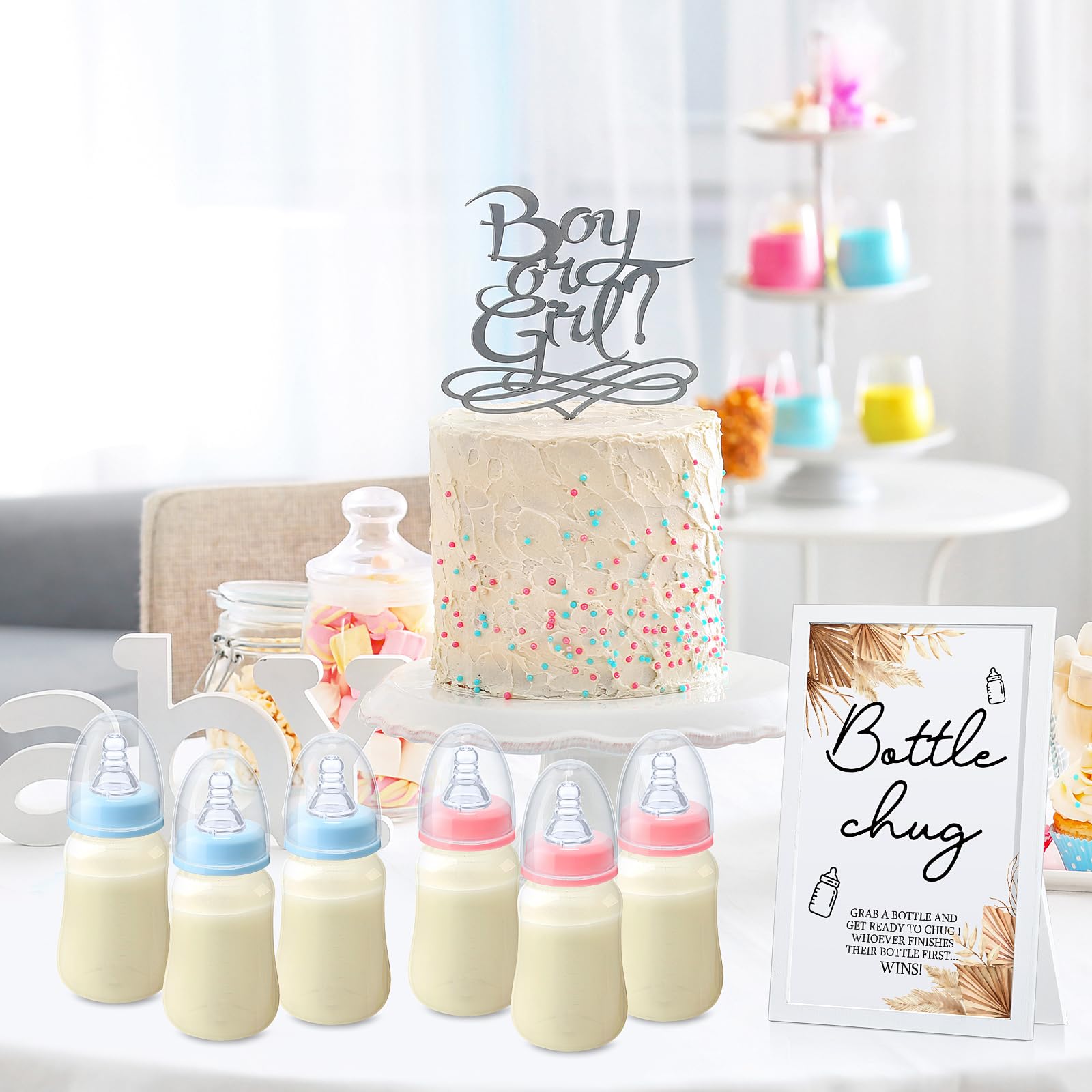Roowest Bottle Chug Baby Shower Game Favors Including Boho Theme Bottle Chug Game Wooden Sign And 18 Pcs Pink Blue Baby Bottles