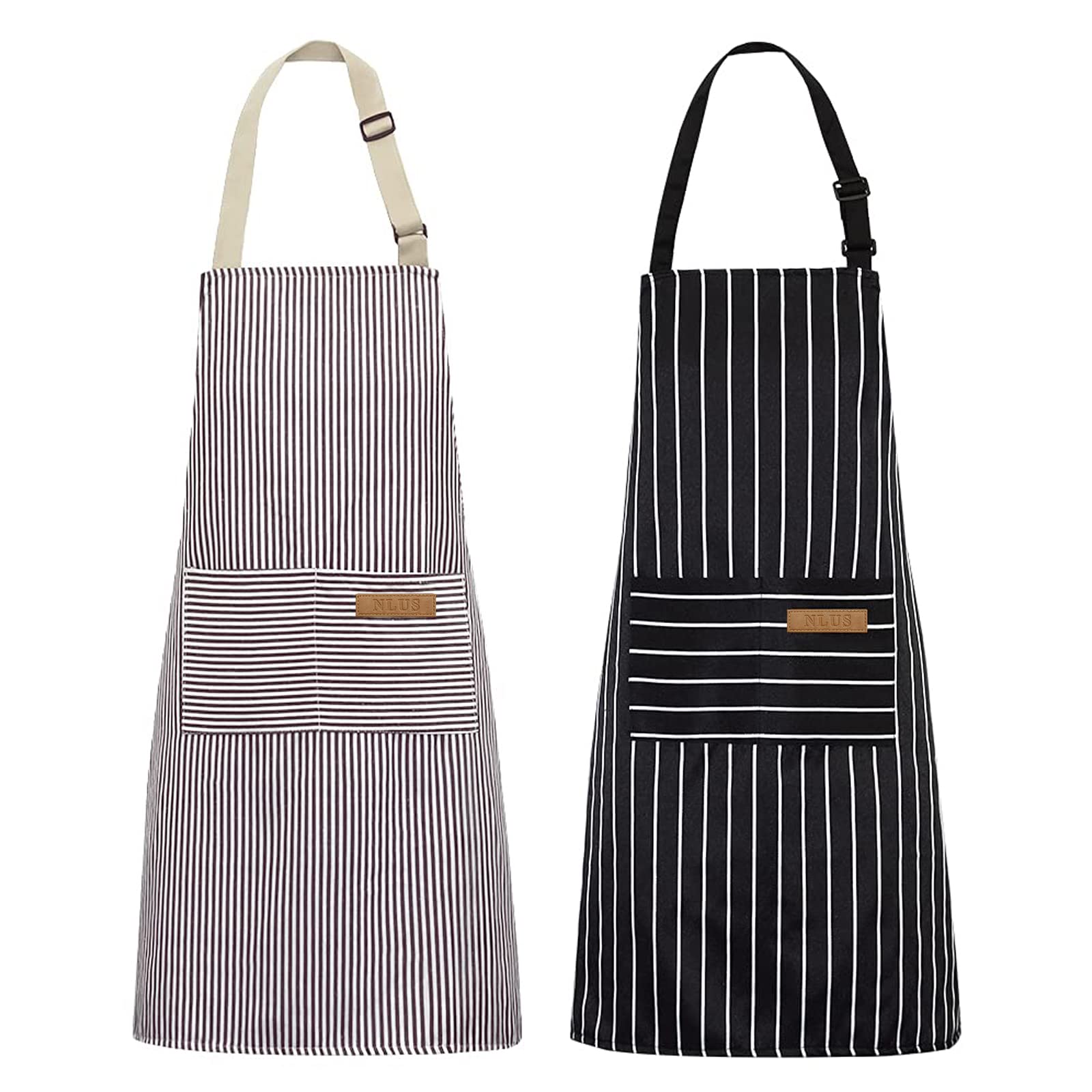 Nlus 2 Pack Kitchen Cooking Aprons, Adjustable Bib Soft Chef Apron With 2 Pockets For Men Women(Black/Brown Stripes)
