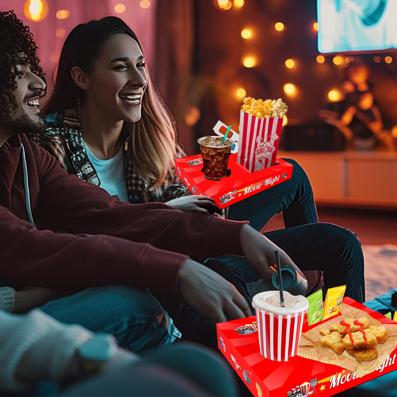 Lstamoy 24Pcs Movie Night Snack Trays With Popcorn Bags And Food Trays, Movie Night Supplies For Movie Theater Family Birthday P