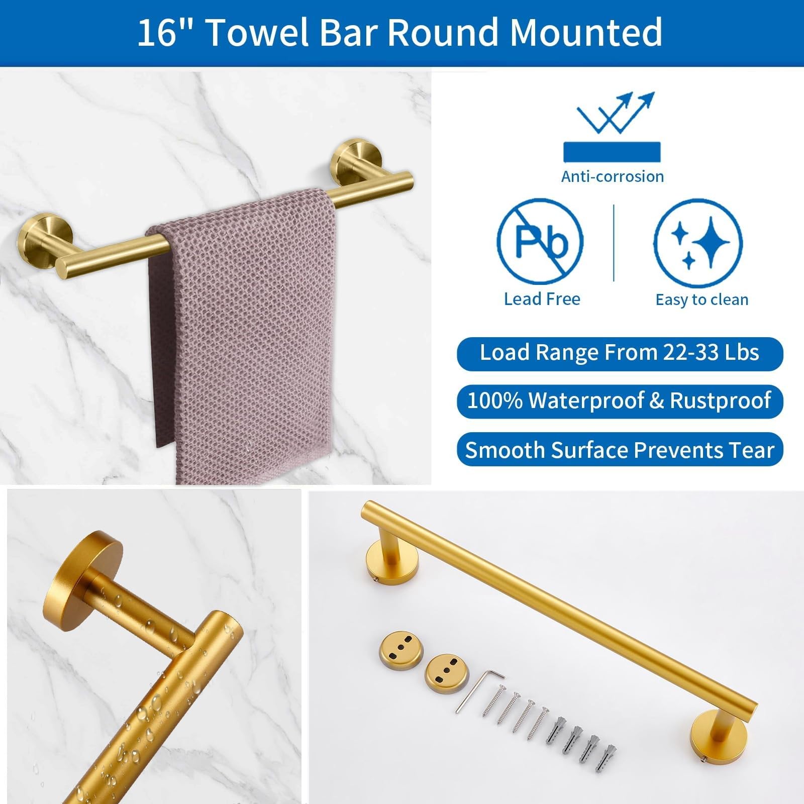 Justhere Bathroom Hardware Set, Bathroom Accessories Stainless Steel Wall Mounted, Including 16 Towel Bar, Toilet Paper Holder,