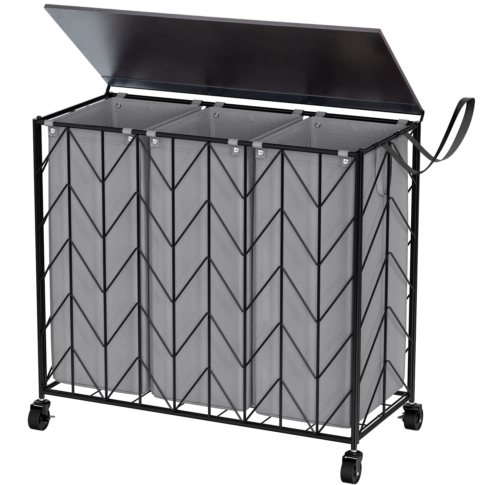 Wowlive Laundry Basket With Wheels, 142L Laundry Hamper 3 Section With Lid, Dirty Clothes Hamper With Removable Bags, Large Capa