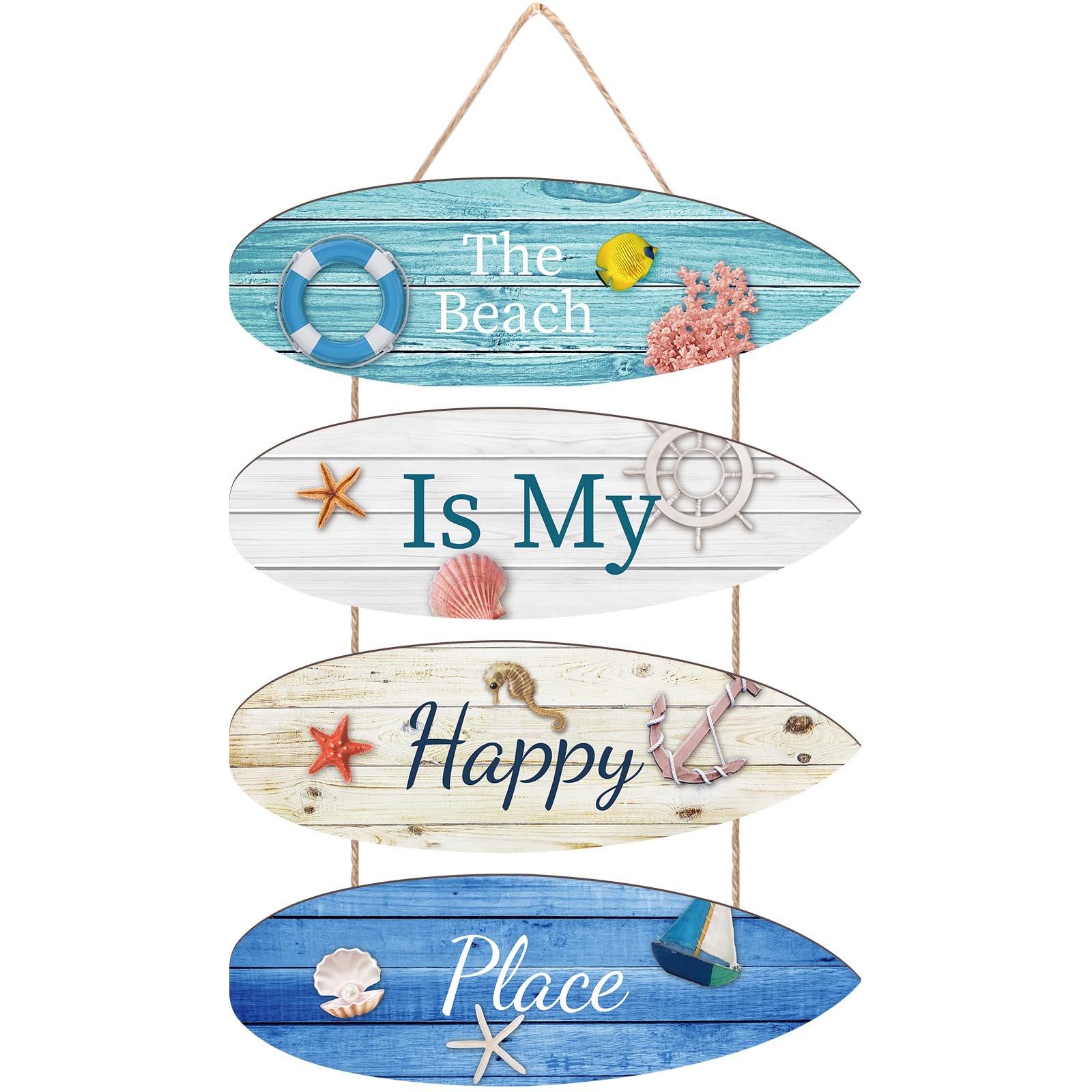 Beach Is My Happy Place Wall Decor - Nautical Surfboard Sign for Home - Ocean Theme Hanging Ornament for Bathroom, Bedroom, Livi