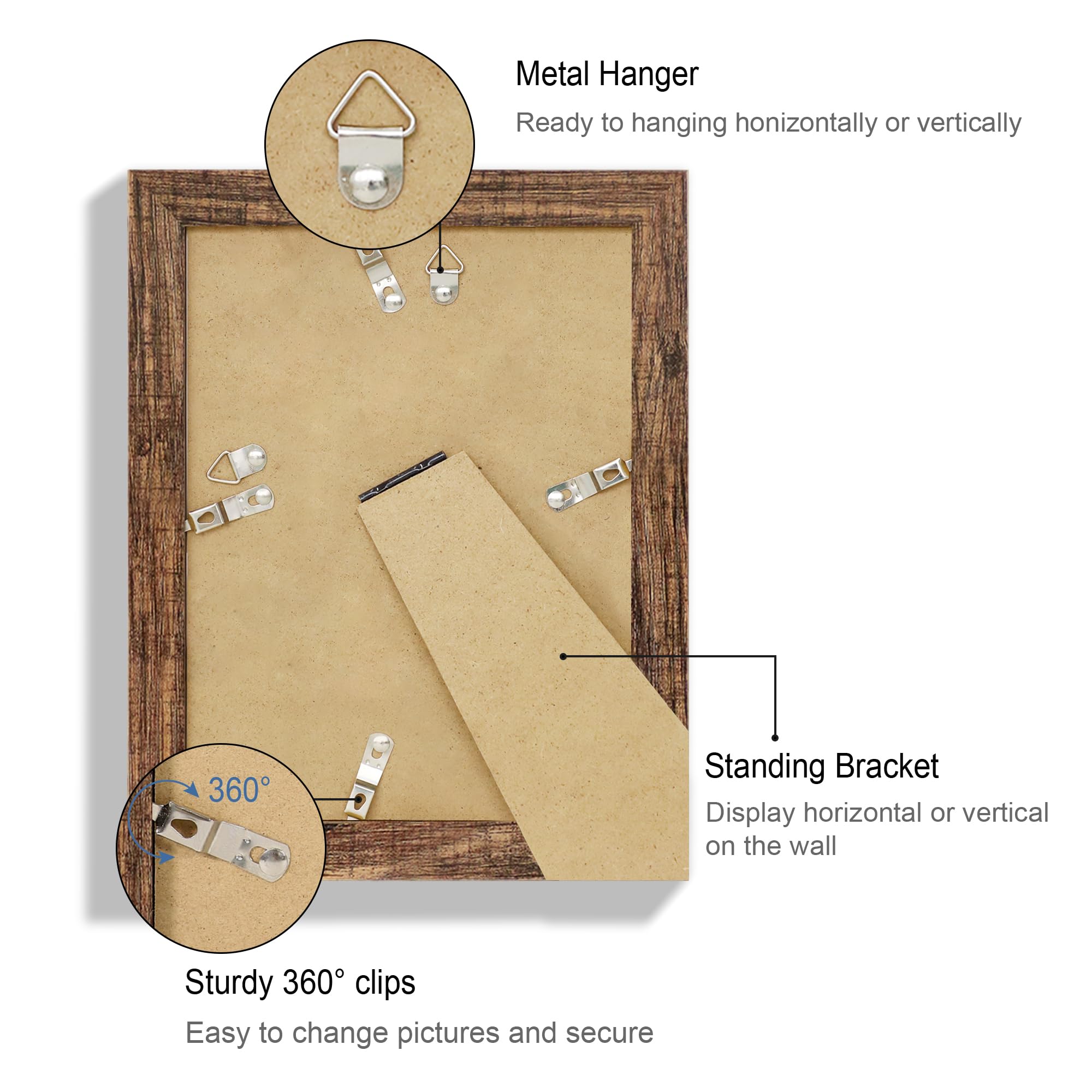 Hongkee 6x8 Picture Frame Set of 4, Made of Real Glass and Rustic Brown Frame - Display Picture 4x6 with Mat or 6x8 Without Mat,