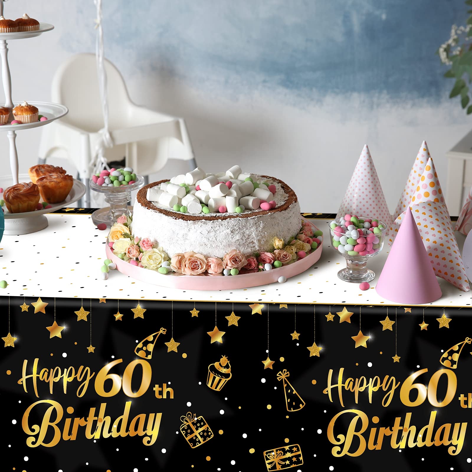 Ruisita 2 Pack Black Gold Table Cloth Cover Happy 60Th Birthday Tablecloth Party Tablecloths Rectangular Table Cloth Cover For I