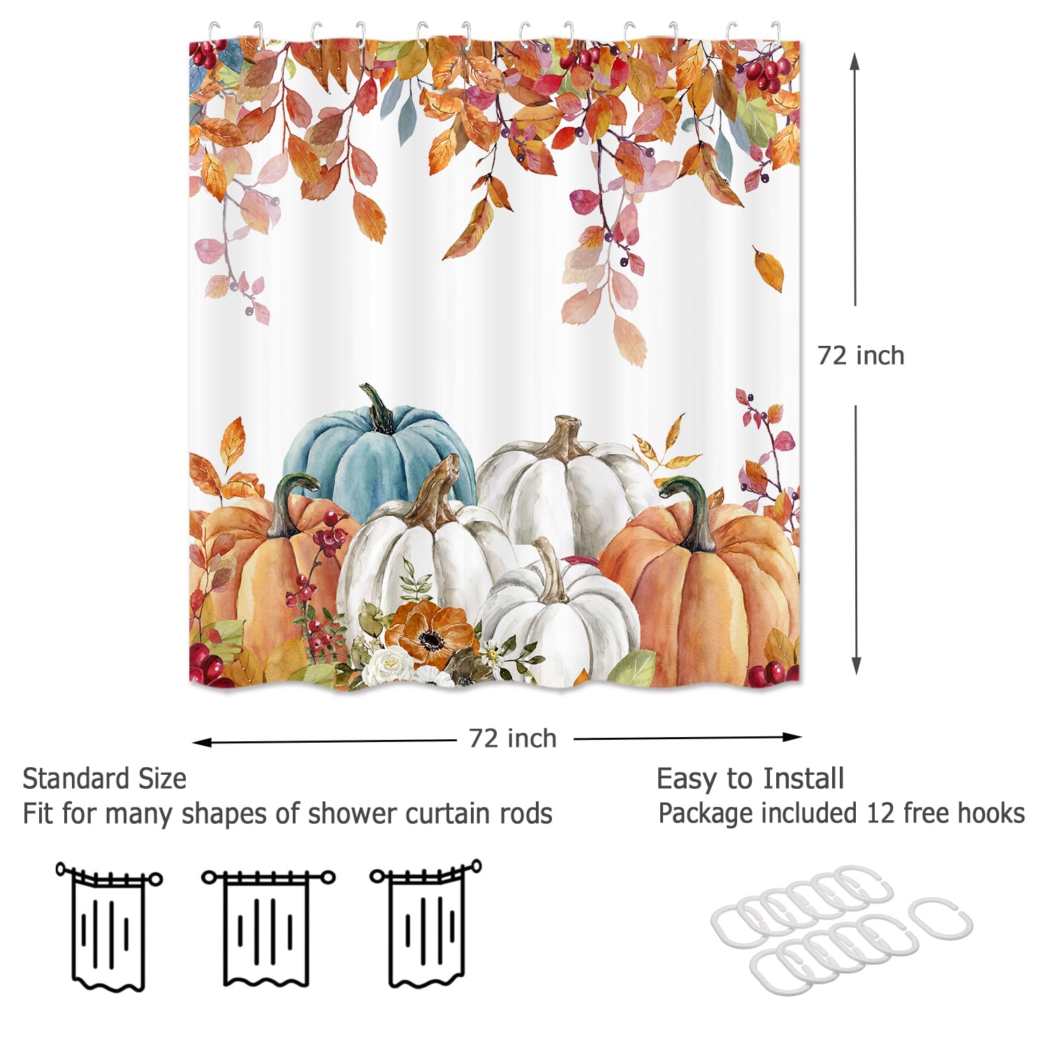 Paopoed Fall Pumpkin Shower Curtain, Thanksgiving Autumn Maple Leaves Watercolor Floral Harvest Boho Bathroom Curtains With Hook