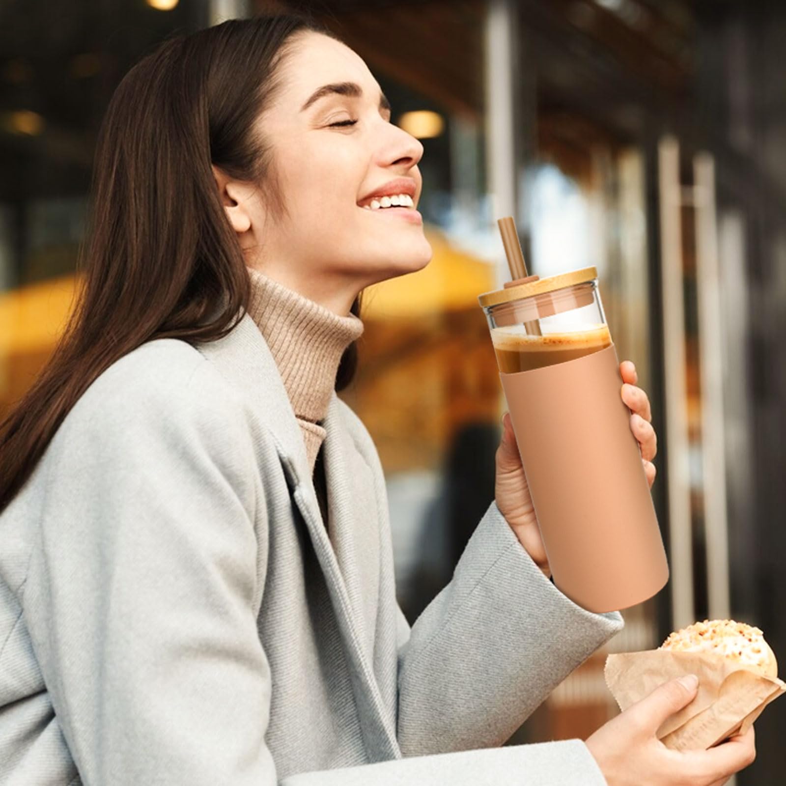 Tronco 20 Oz Glass Tumbler Glass Water Bottle Straw Silicone Protective Sleeve Bamboo Lid - Bpa Free -Amber