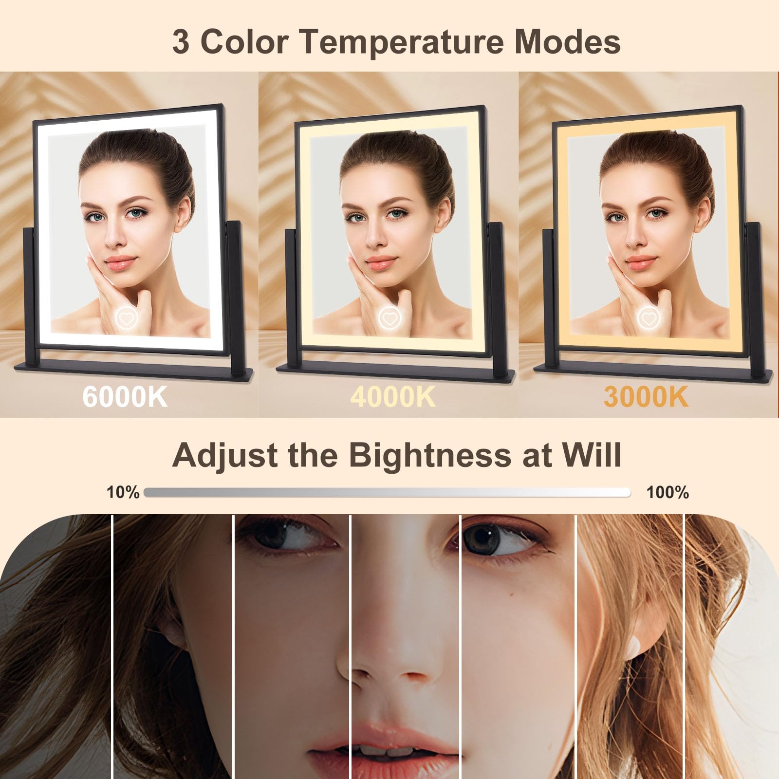 Makeup Mirror With Lights, Fashion Lighted Vanity Mirror With Dimmable Light, Smart Control, Adjustable Warm White/Natural/Dayli