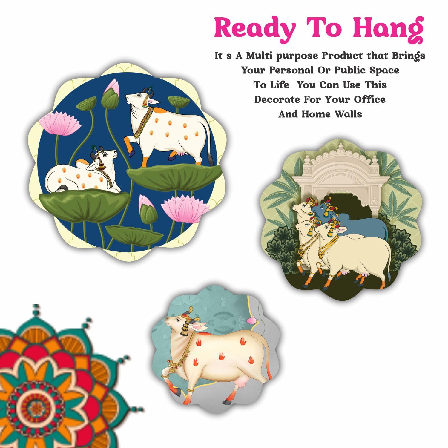Bhikham Creations Set Of 3 Cow Pichwai Designer Art Beautiful Round Shape Wall Hanging Decor | Wall Decoration Accessories For H