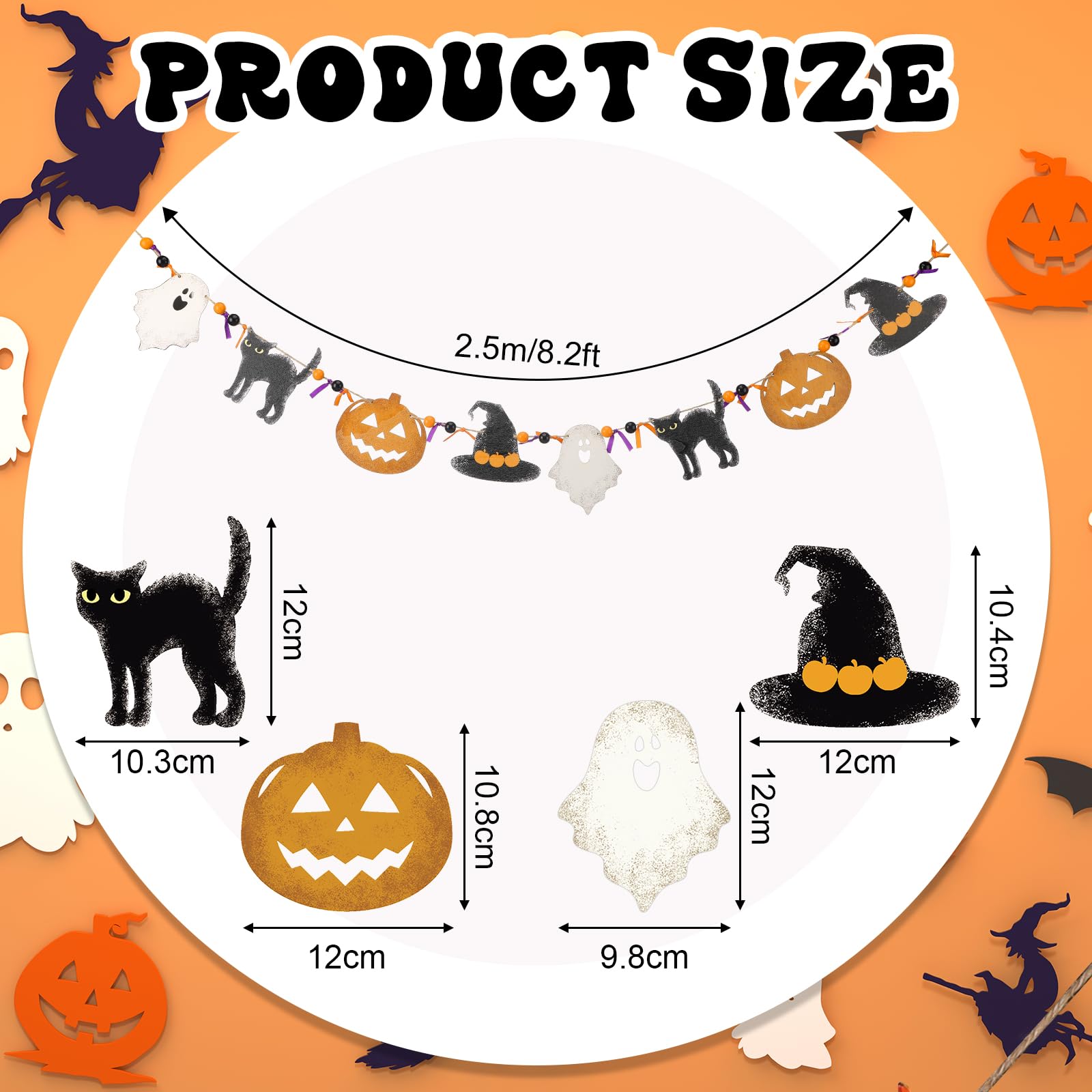 Cinnvoice 8.2 ft Halloween Black Cat Ghost Witch Hat Pumpkin Garland Wooden Beads Garland Rustic Farmhouse Country Decor Wood Ba