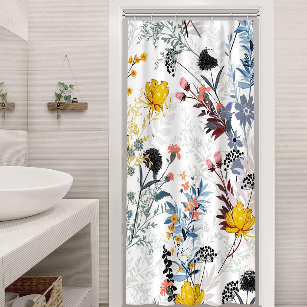 Ruelvth Stall Shower Curtain, Spring Yellow And Blue Wild Flower Shower Curtain Set Waterproof Fabric Small Rv Bathroom Curtain