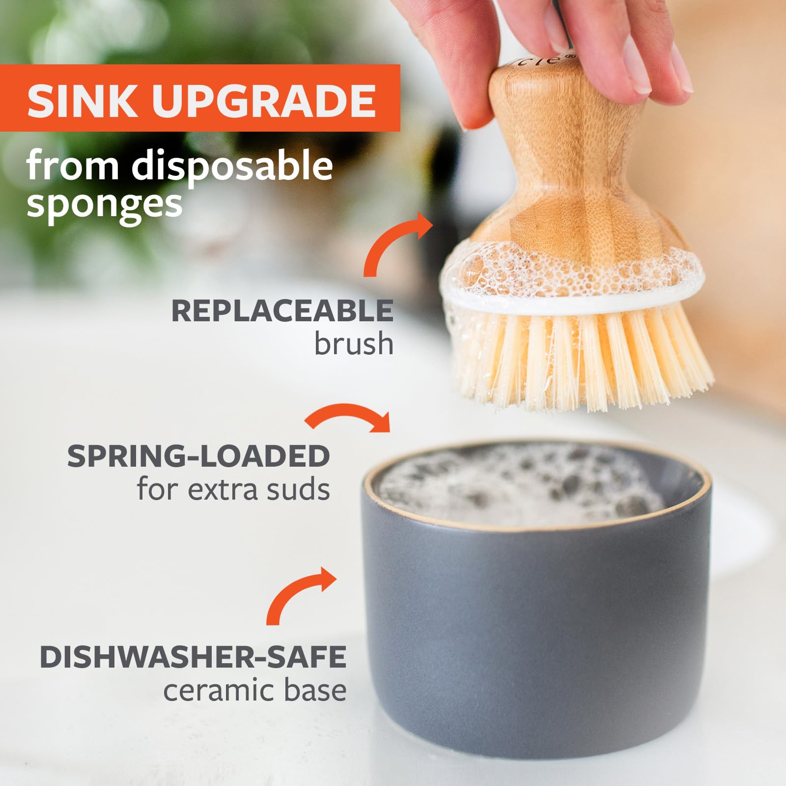 Full Circle Bubble Up Ceramic Soap Dispenser & Bamboo Gray Ergonomic Bamboo Handle  Dish Brush + Dispenser  Grey/White