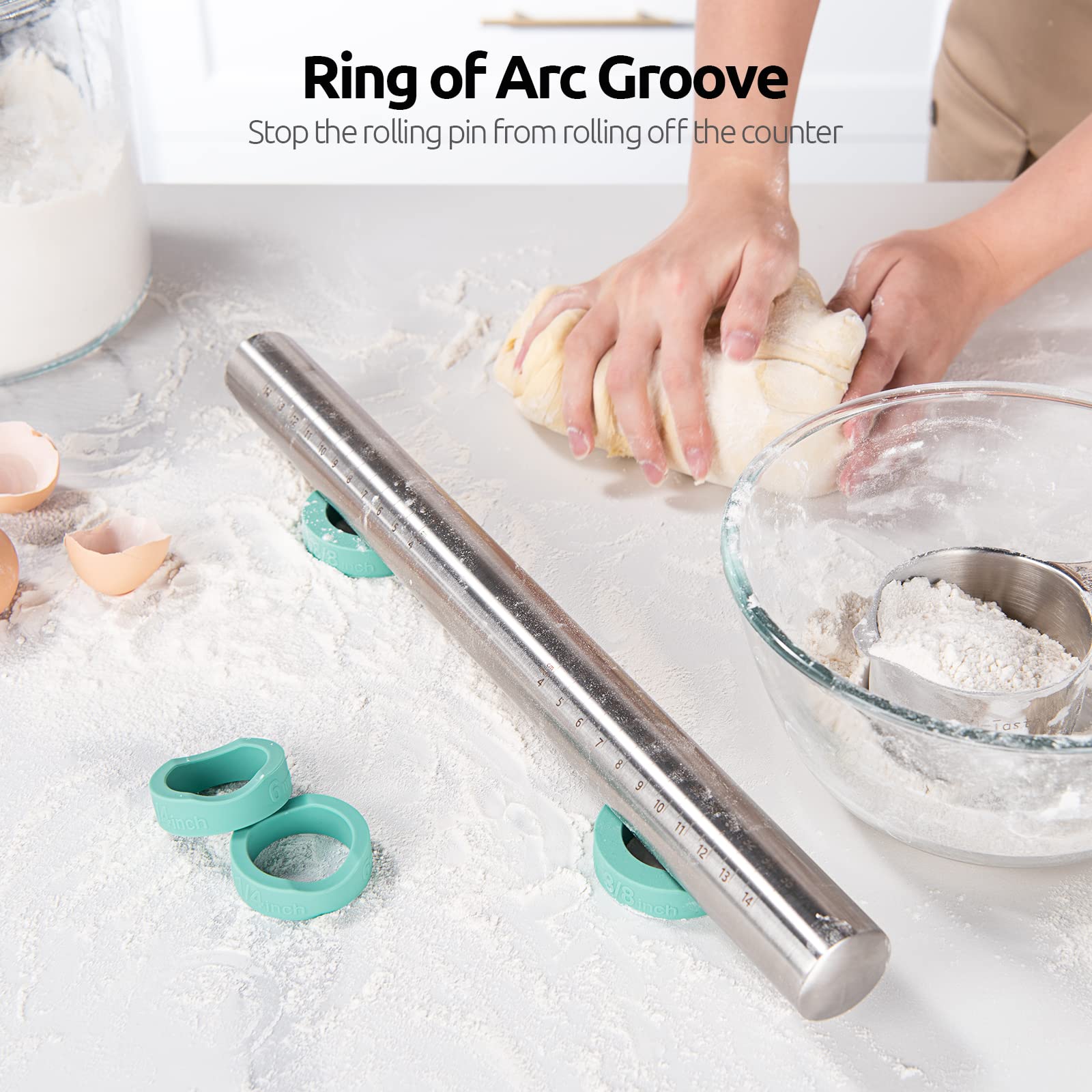 U-Taste 18/8 Stainless Steel 16 Inch Adjustable Rolling Pin With Silicone Removable Thickness Rings, Nonstick Kitchen Roller Pin