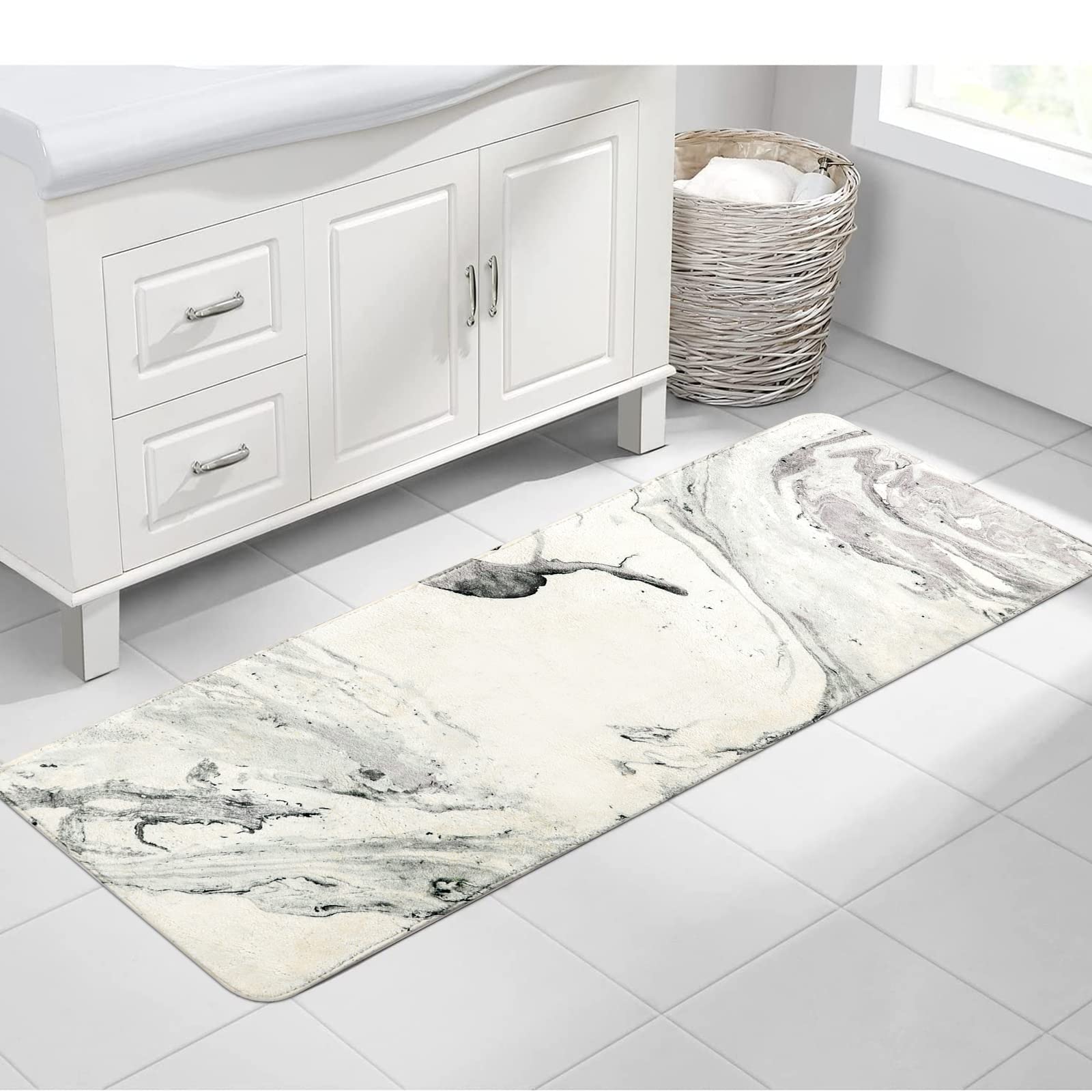 Haocoo Bath Mat 18X47 Inch Gray Marble Runner Rug Velvet Non-Slip Bathroom Rug Modern Long Bath Rug Soft Luxury Microfiber Machi