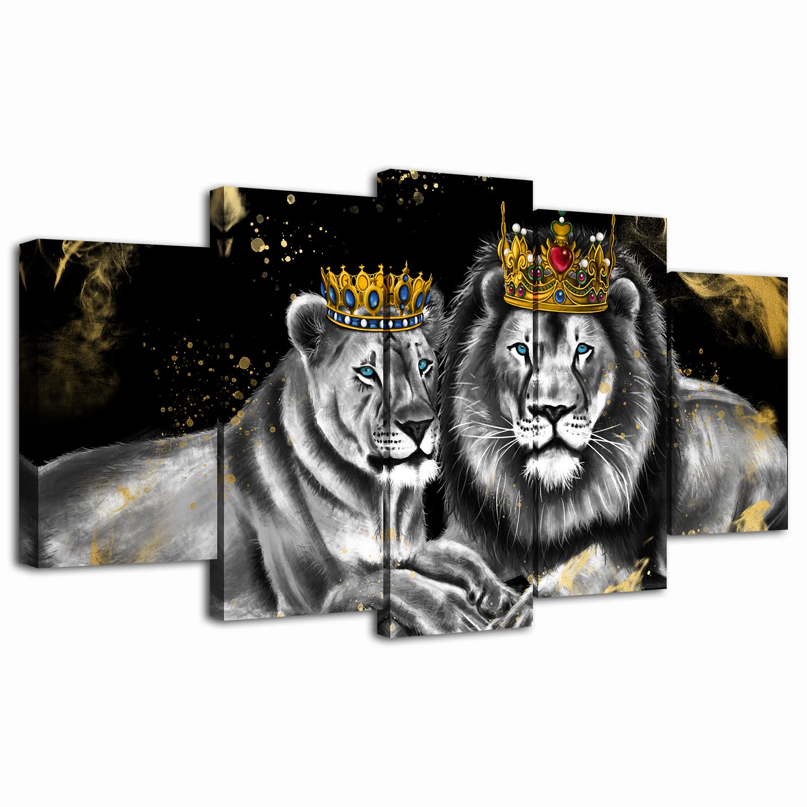 Ouelegent 5 Piece Lion And Lioness Canvas Wall Art King And Queen With Golden Crown African Animal Painting Artwork For Living R