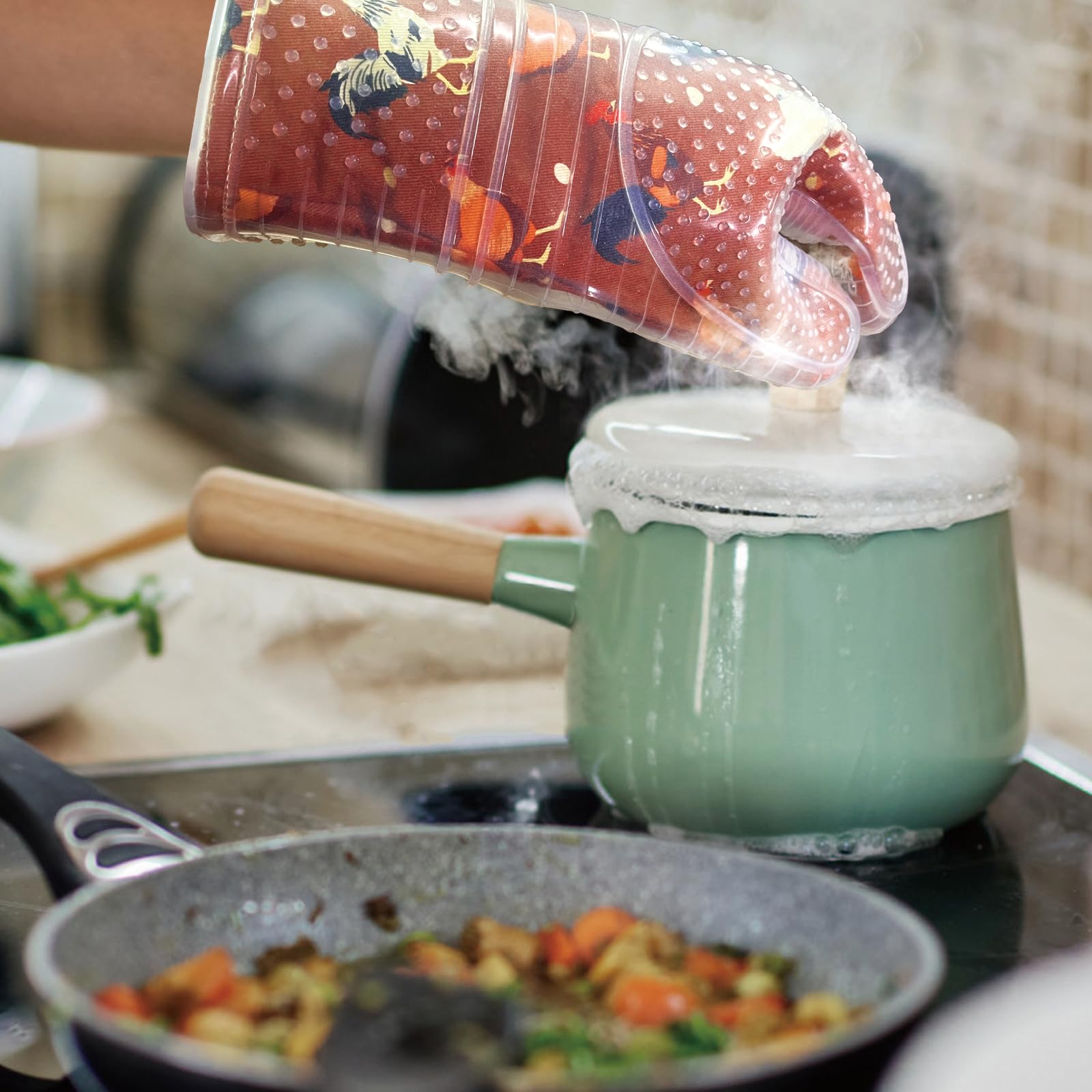 Red Lmldeta Oven Mitts Set Of 2 With Transparent Clear Silicone Shell And Nice Shell Flower Cotton Lining, Heat Resistant To 500