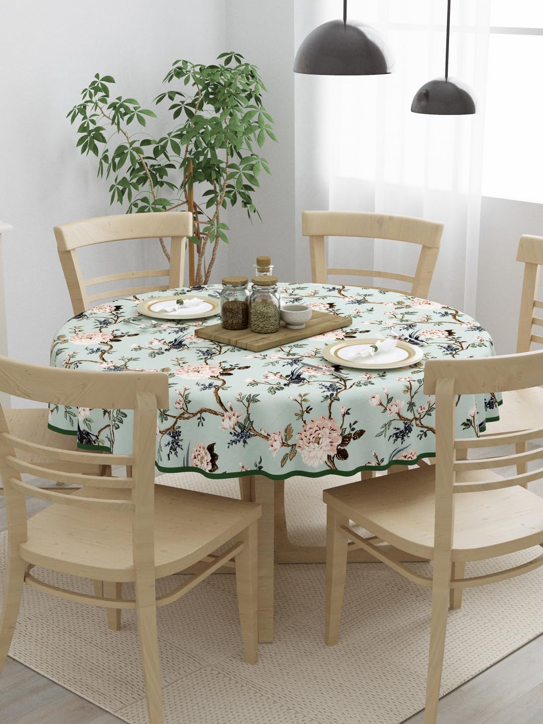 Clasiko 100% Cotton 6 Seater Round Table Cover; 72x72 Inches; Peach Flowers