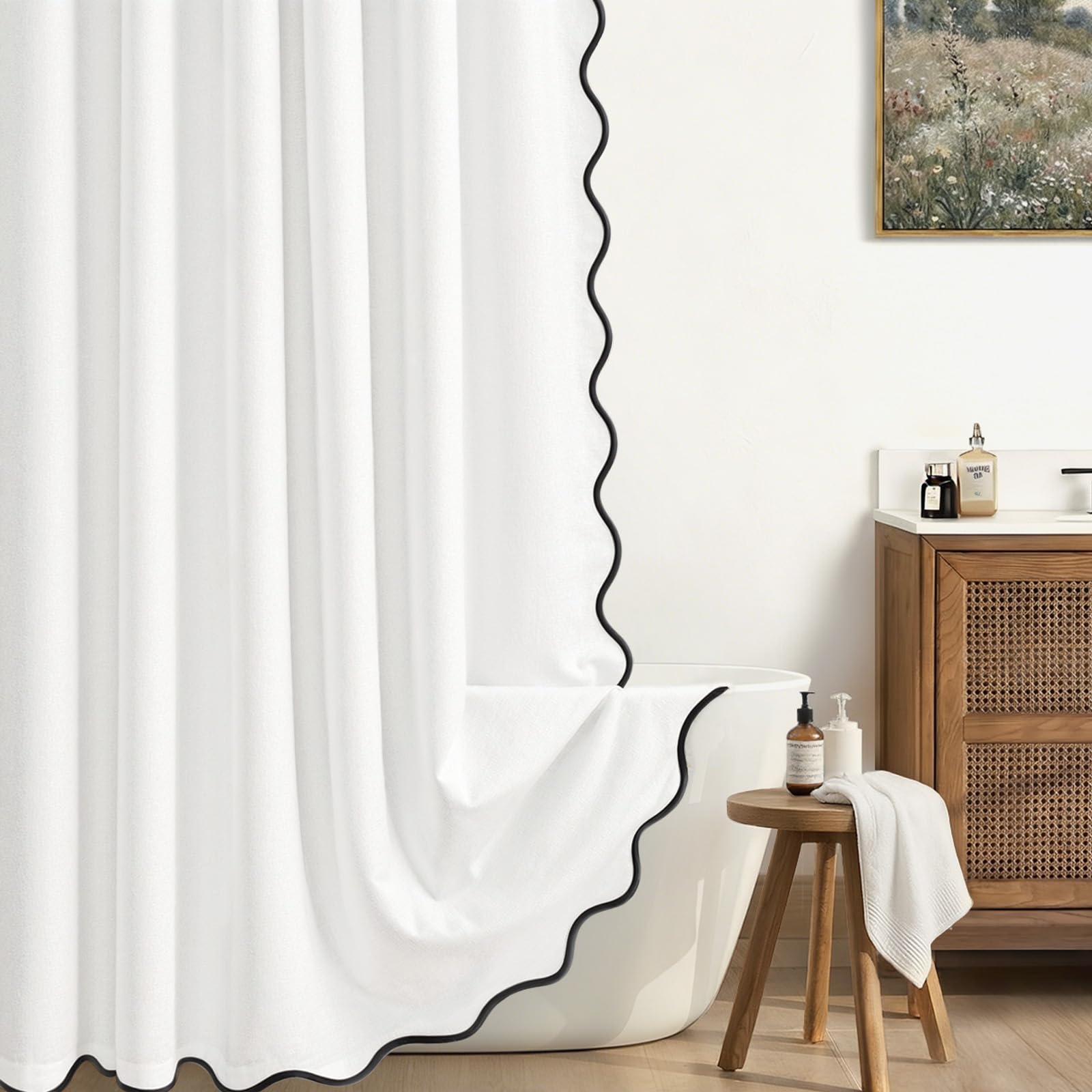 XOGUIBO Linen Shower Curtain White Cute Black Scalloped Boho Modern Shower Curtains for Bathroom Set, 72 W x 84 L
