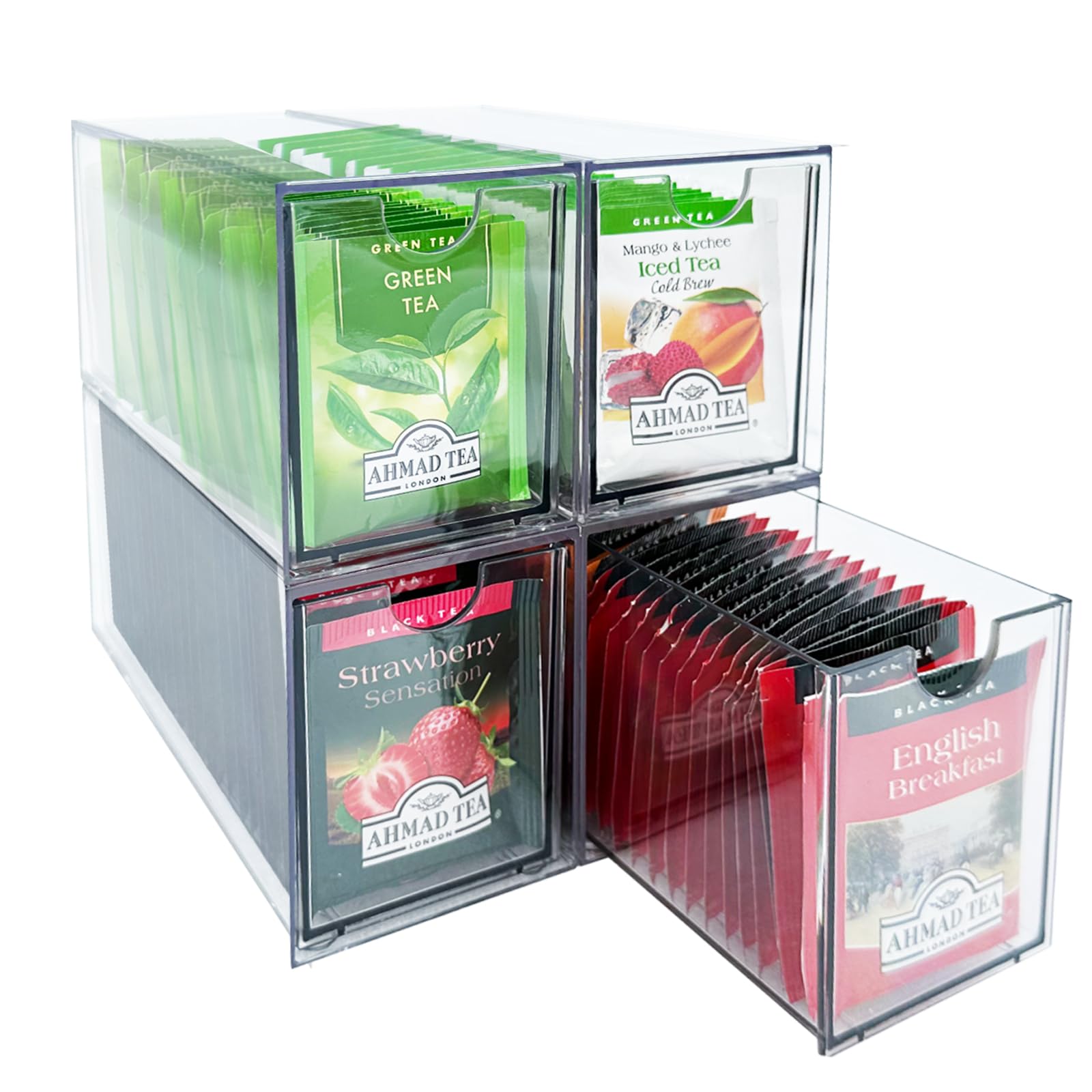 AZEZO 4Pack Tea Bag Drawers Organizer  4 Clear Plastic Drawer Tea Bag Holder; Stackable & Portable; Wider Size; WellOrganized