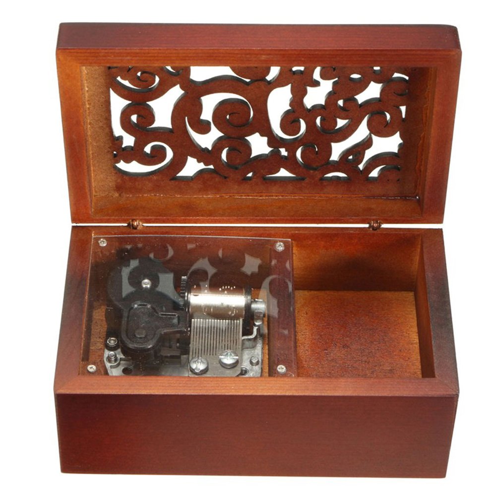 FnLy Antique Engraved Wooden Wind-Up Musical Box,Over The Rainbow Musical Box,with Silver-Plating Movement in,Rectangle