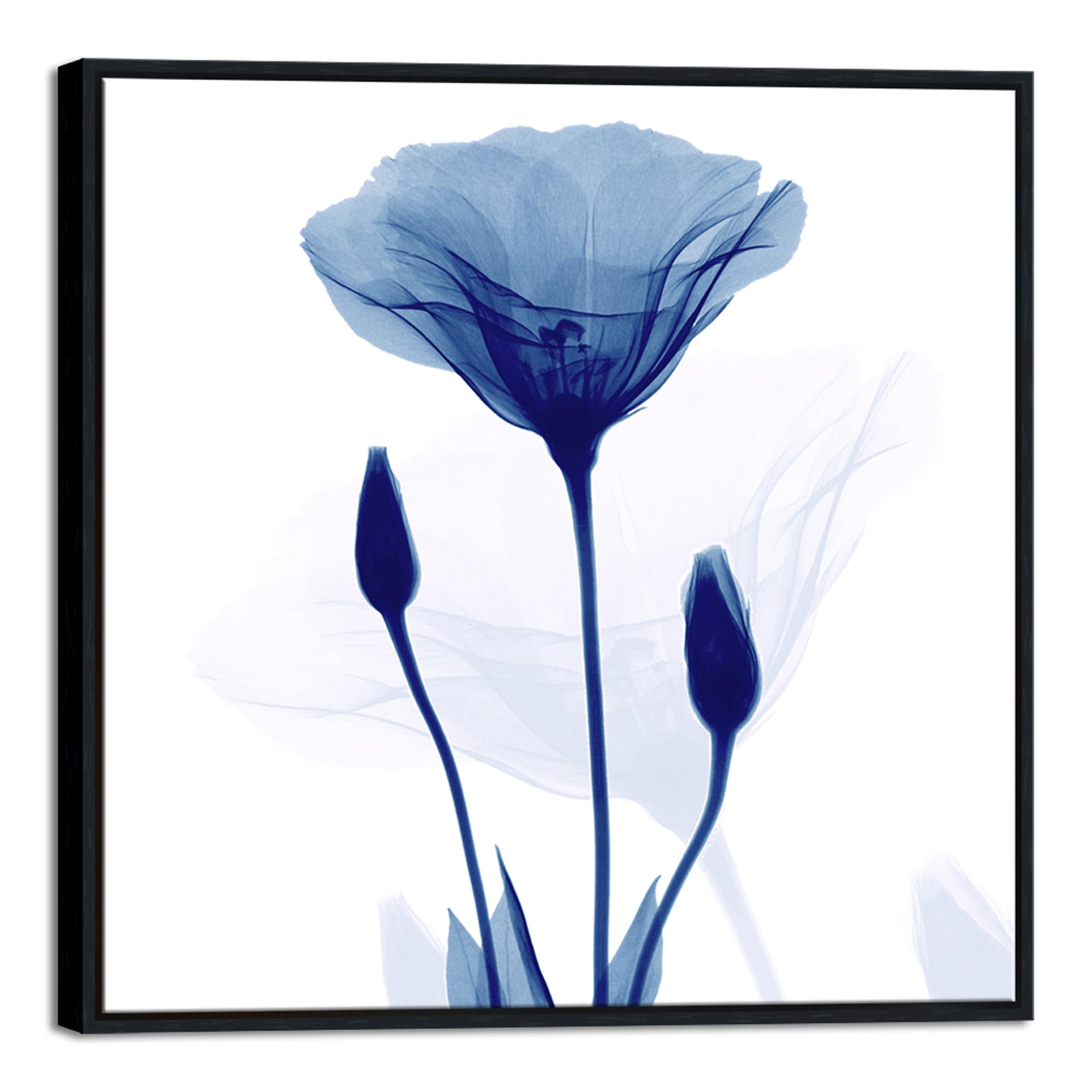 Pyradecor Large Black Framed Abstract Blue Flickering Flower Modern Paintings Canvas Wall Art Grace Floral Pictures On Canvas Pr