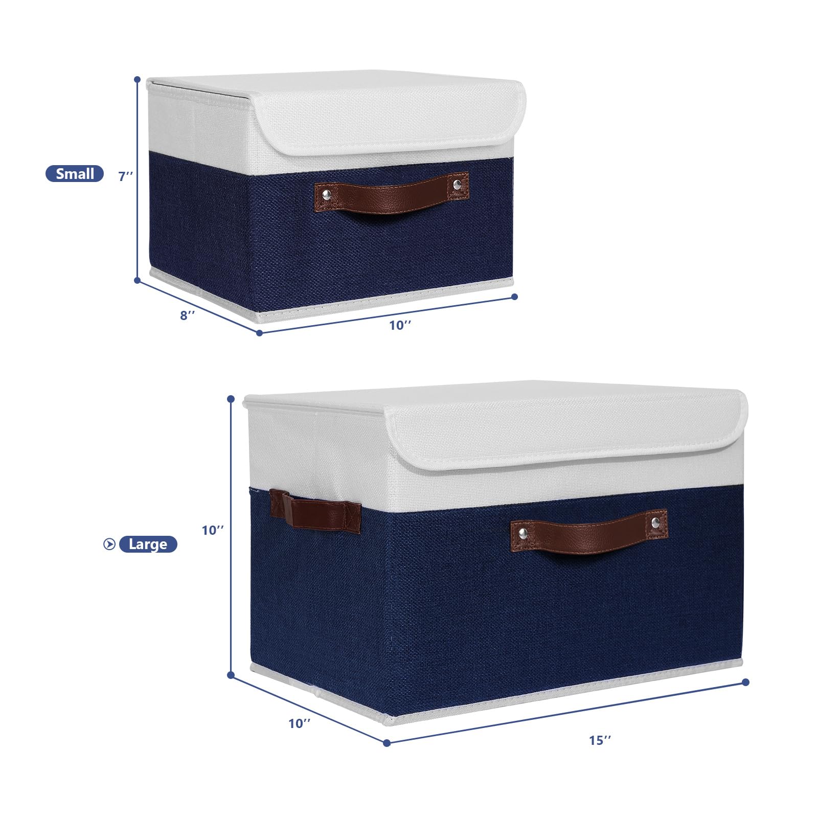 Anminy 2Pcs Storage Boxes With Lid Washable Decorative Storage Bin Basket With Pu Leather Handle Foldable Linen Fabric Storage C