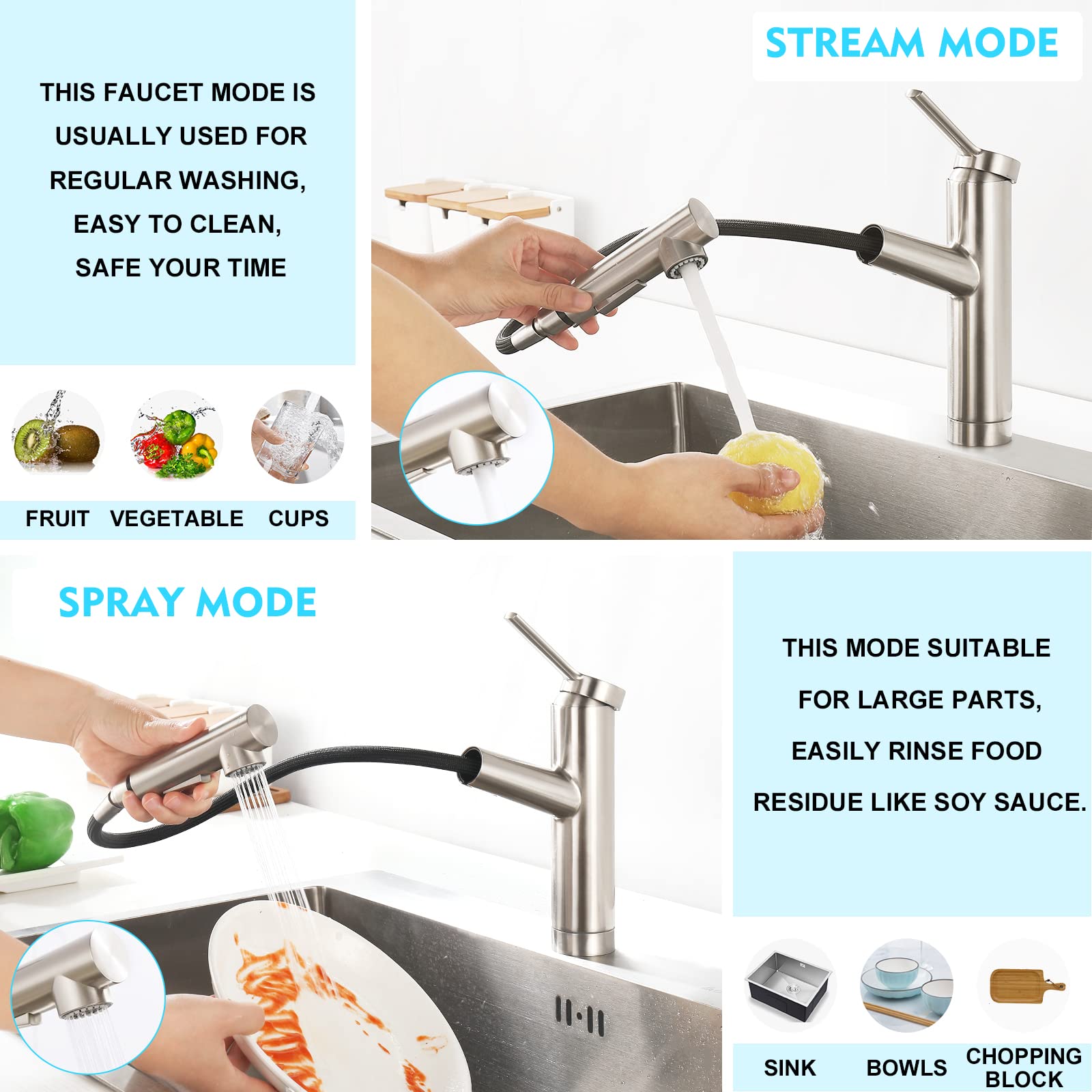 Crea Kitchen Faucets, Bar Sink Faucet, Kitchen Sink Faucet Pull Out Brushed Nickel Single Handle Prep Wet Commercial Modern Rv L