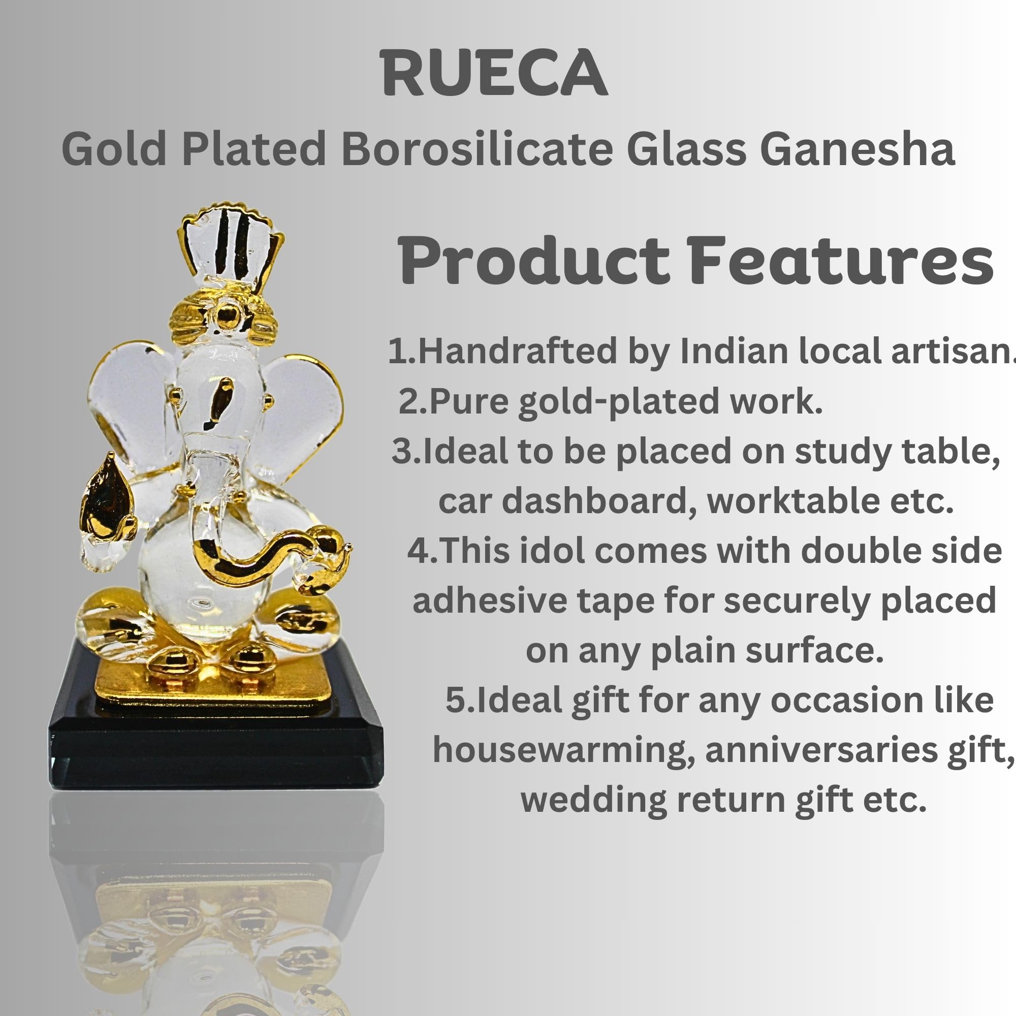 Rueca Ganesh Idol For Car Dashboard Cute Small Gold Plated Crystal Glass Lord Ganesha God Vinayaka Statue For Temple Decor (Desi