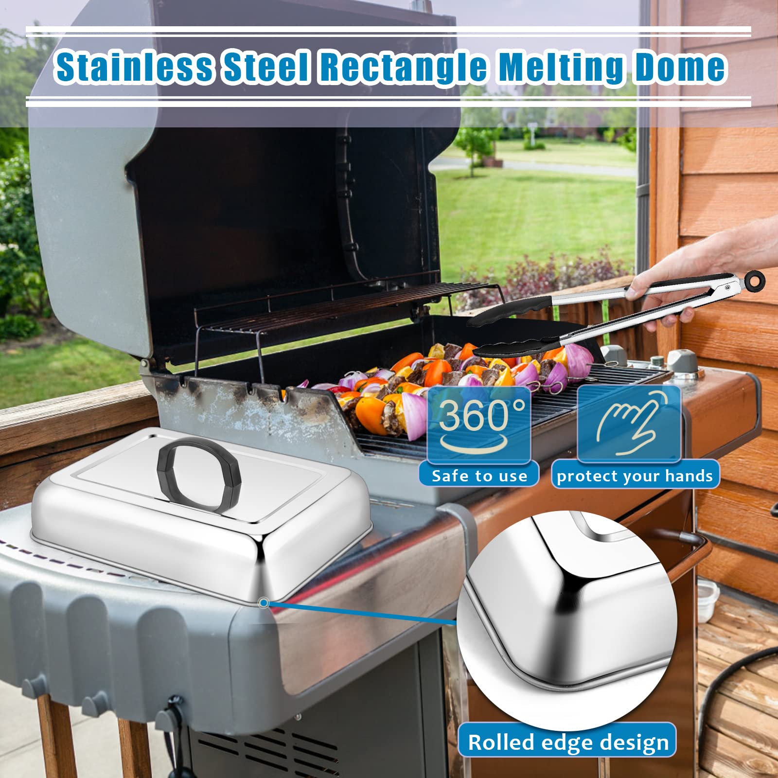 2Pcs Rectangular Basting Cover, Hasteel Stainless Steel Cheese Melting Dome Steaming Cover Lid, Heavy Duty Griddle Grill Accesso