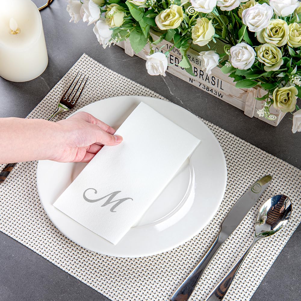 Luxenap 15.8 X 7.9 Inch Linen-Feel Guest Towels, 50 Lettered Hand Towels - Silver Letter 'M', Cursive Font, White Paper Dinner N