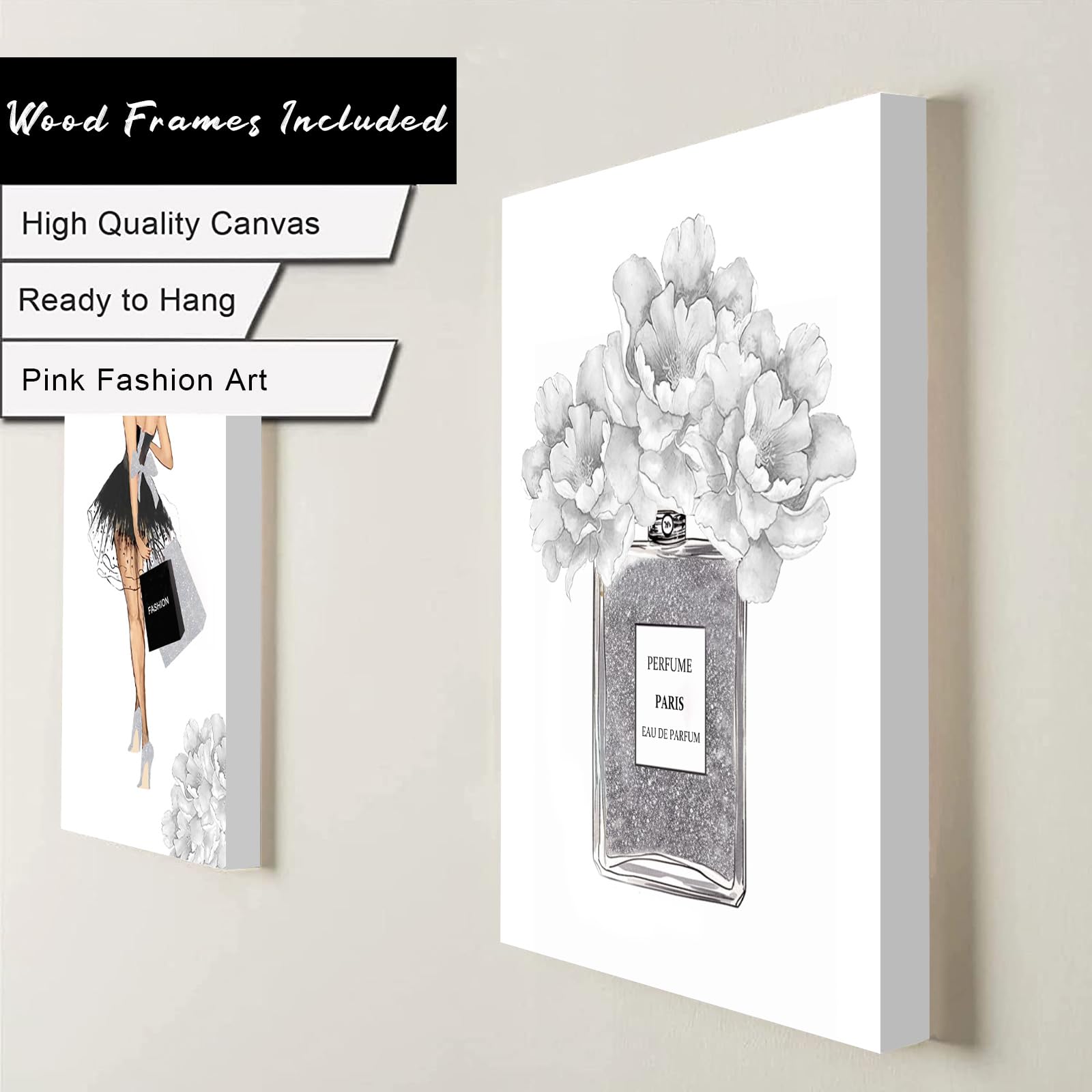 Glam Gray Fashion Wall Decor, Framed Woman Makeup Room Wall Art, Fashion Silver Girly Beauty Room Picture Wall Decor For Office