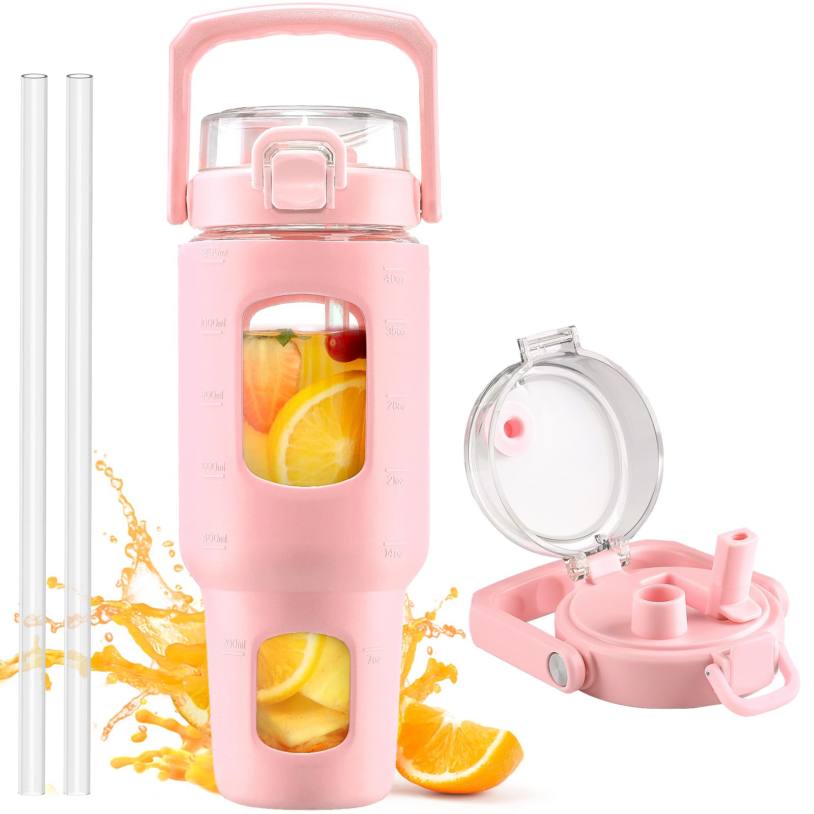 BLUEGO 40oz Glass Tumbler with Lid and Straw, Glass Water Bottles with Handle, Glass Cup with Time Marker and Silicone Sleeve, F