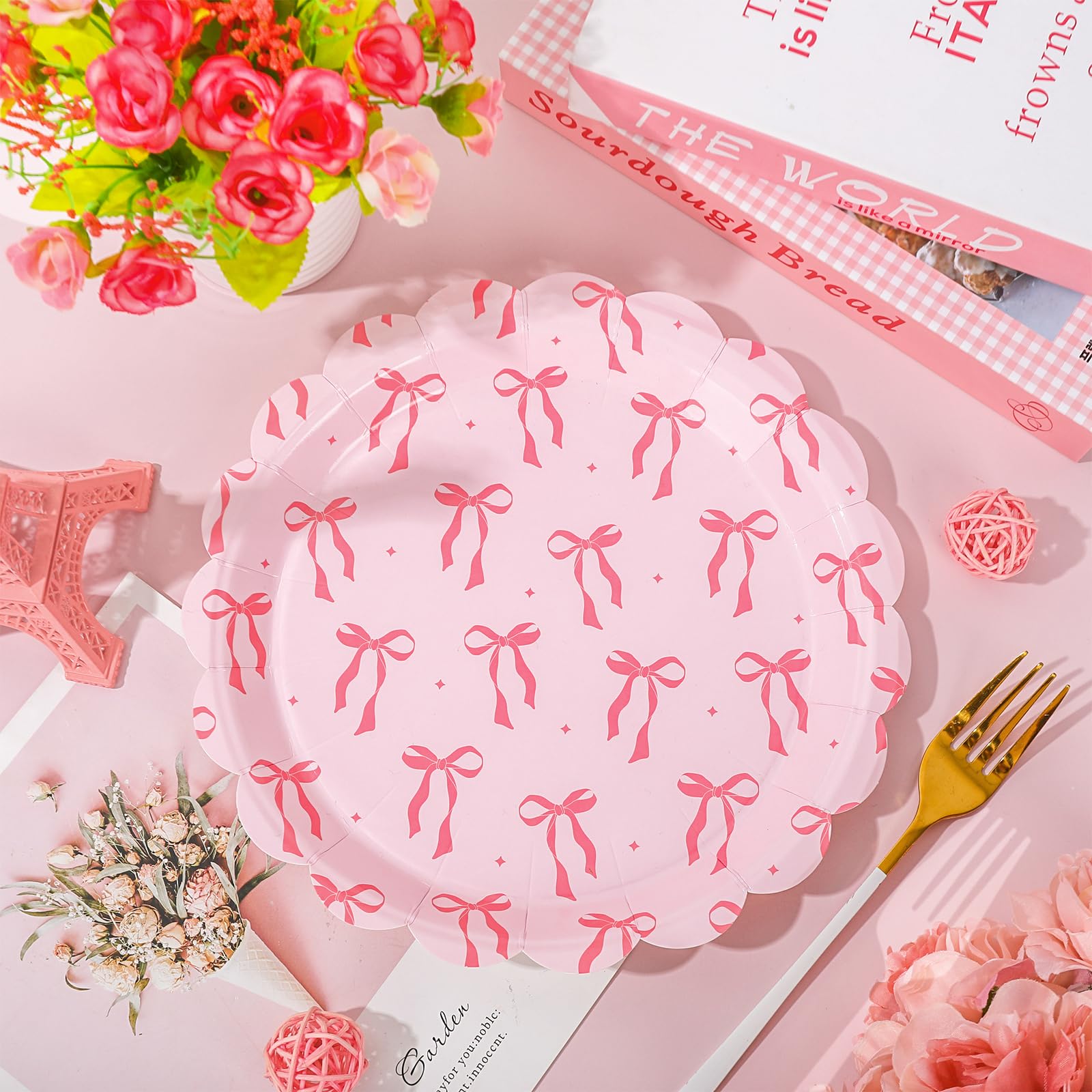 Jarthenaamcs 50 Pcs Pink Bow Paper Plate Scalloped Bowknot Disposable Plate 9 Inch Decorative Dinner Plate For Valentine'S Day B