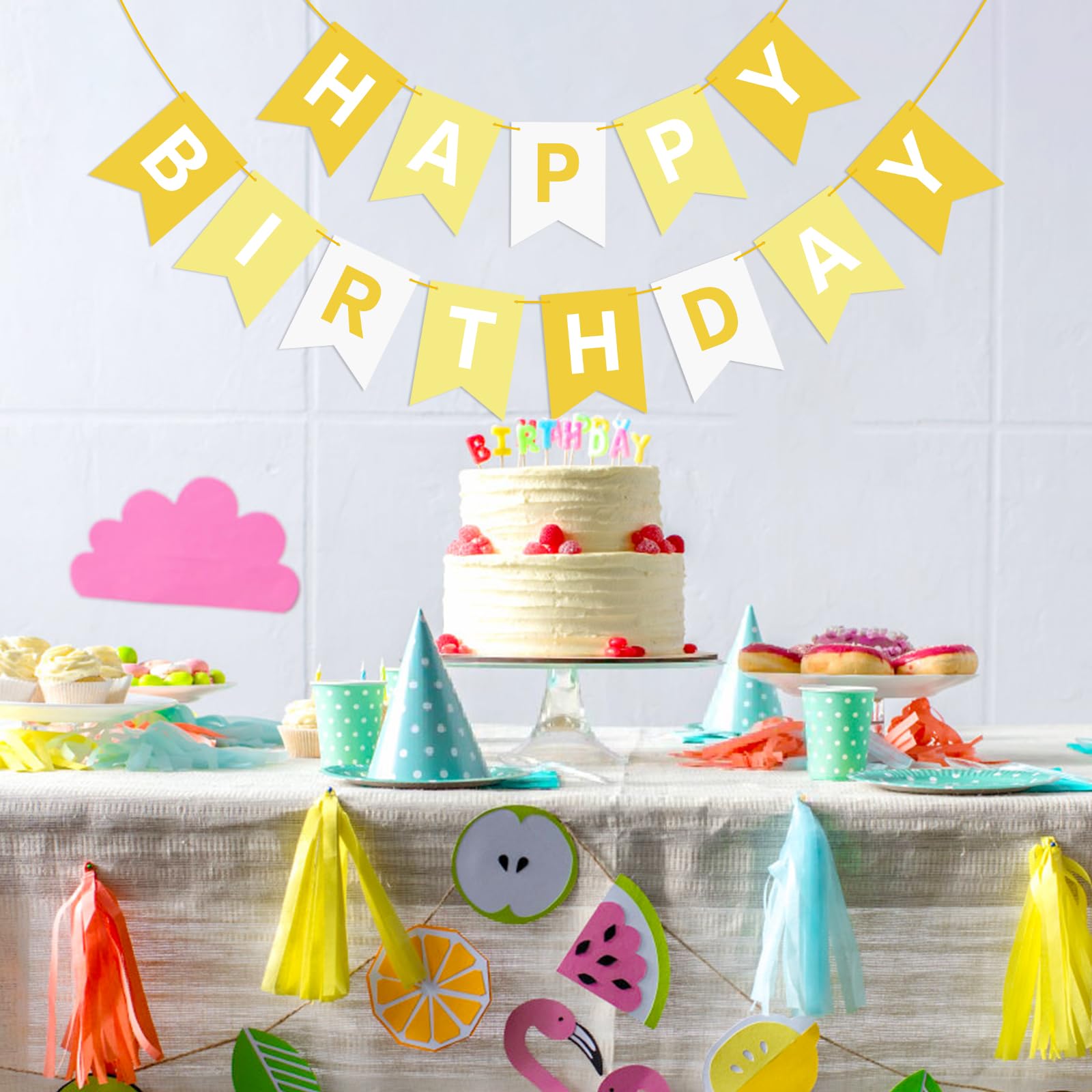 Waenerec Yellow Happy Birthday Banner Sign Happy Birthday Bunting Banner Garland For Kids Girl Woman Birthday Tea Party Decorati