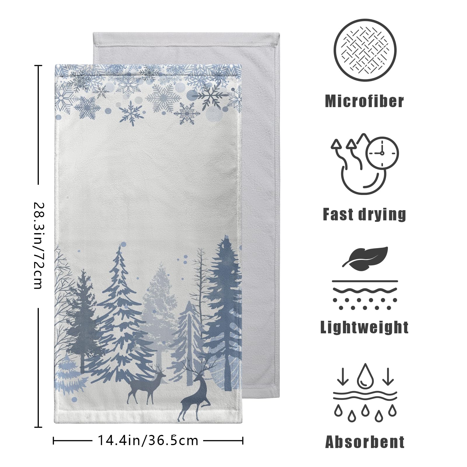 Kwlegh Winter Snowflake Christmas Tree Hand Bath Towels Deer Forest Xmas Deer Soft Washcloth Farmhouse Rustic Kitchen Guest Blue