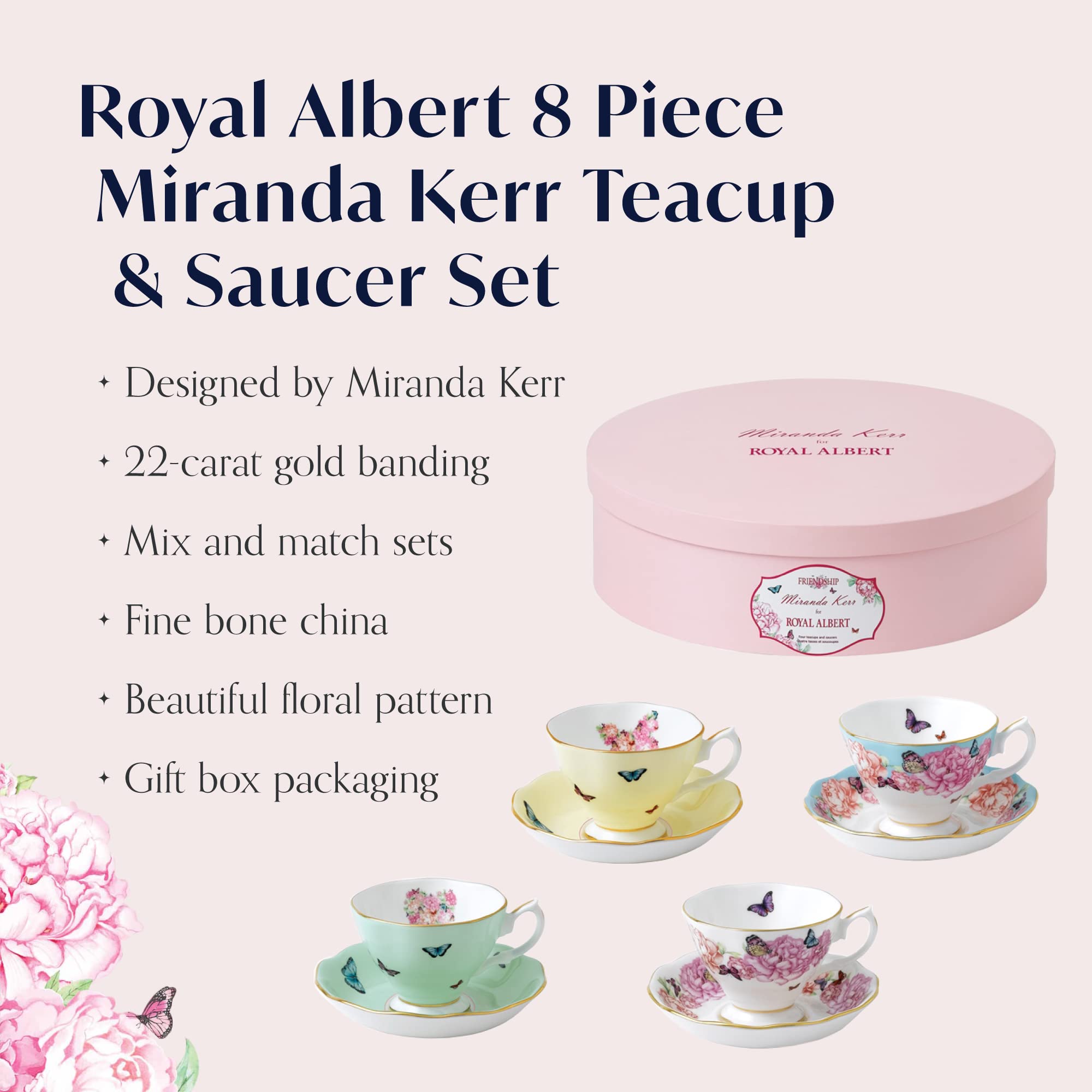 Miranda Kerr For Royal Albert Mixed Patterns Teacup & Saucer Set of 4  6Fl oz