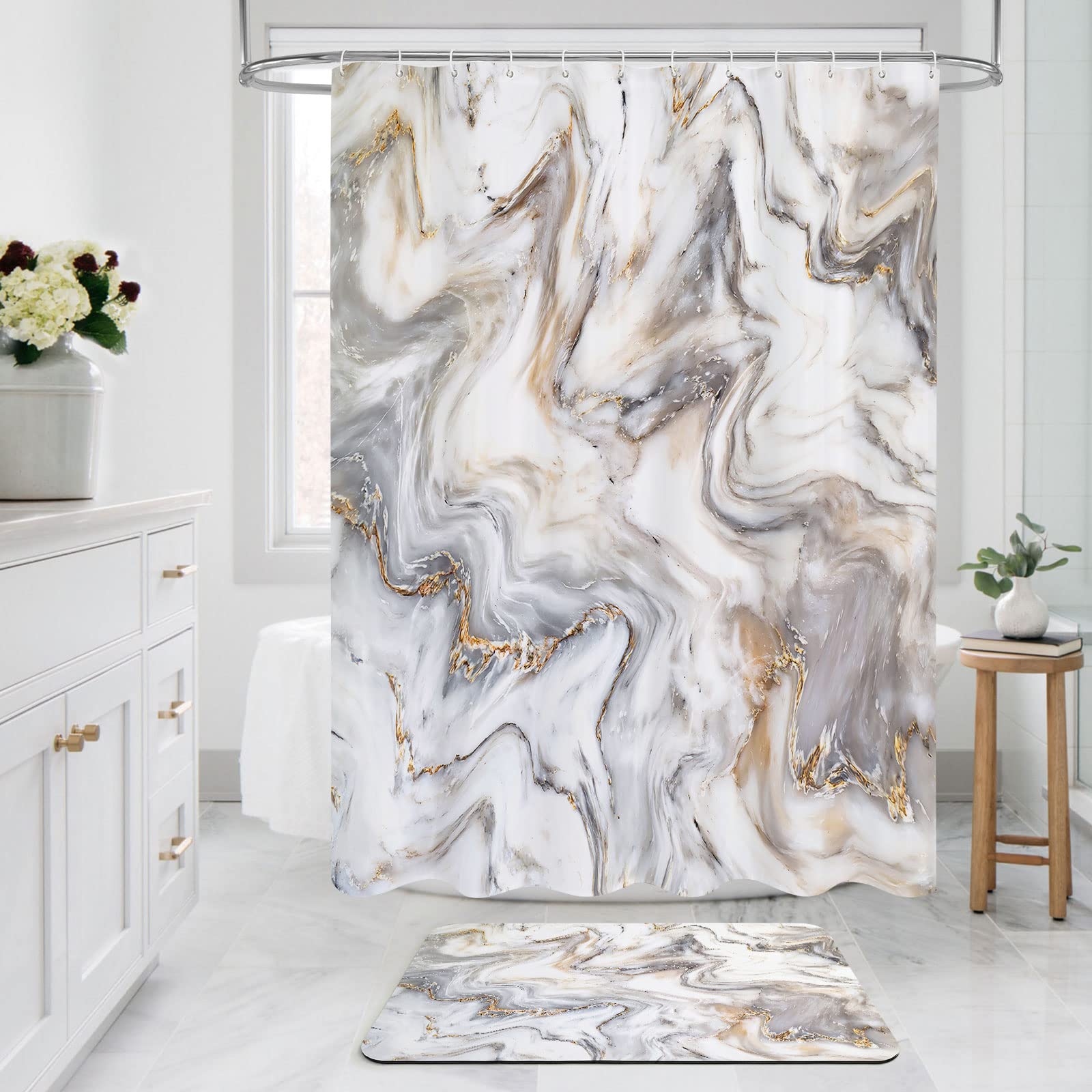 MitoVilla Grey Gold Marble Shower Curtain Set  Abstract Modern Shower Curtain for Bathroom Decor  Luxury Standard Shower Curtain for Bathtub  Waterproof Washable Fabric Shower Curtain  72 x 72