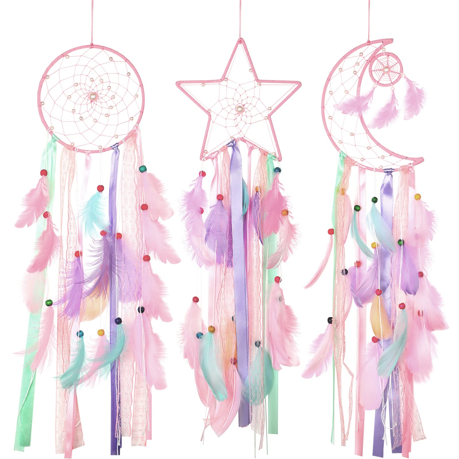 Jetec 3 Pcs Dream Catcher Moon Sun Star Design Handmade Traditional Design Craft Ornament Wall Art Hanging Home Decoration Bedro