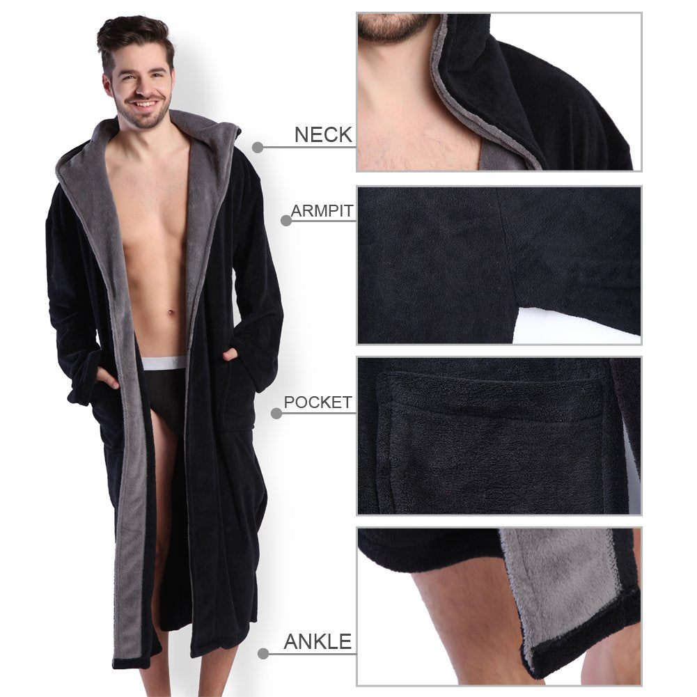 Kemusi Hooded Herringbone Mens Black Soft Spa Full Lenght Bathrobe With Grey Kimono Shawl Collar(M)