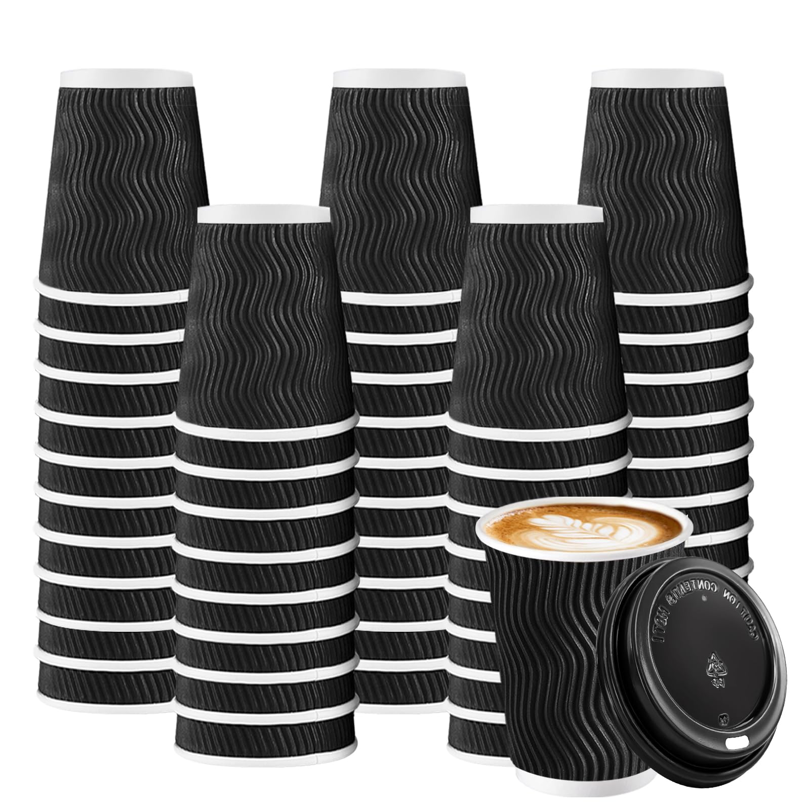BYSNOW 100 Pack 8 oz Coffee Cups with Lids, Disposable Insulated Hot Cups To Go Paper Coffee Cups, Corrugated Ripple Wall Cup fo