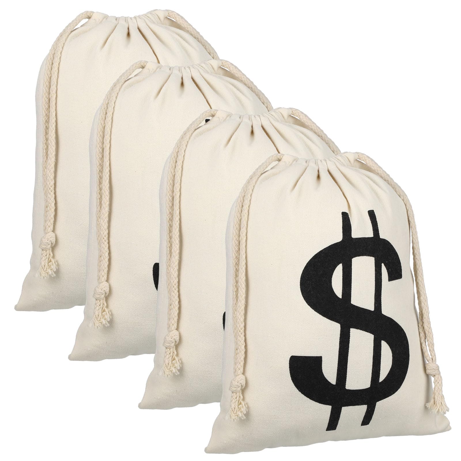 LEIFIDE 4 Pcs Canvas Money Bag Pouch with Drawstring Dollar Sign Carrying Sack Costume Props Canvas Coin Bag for Halloween Cospl