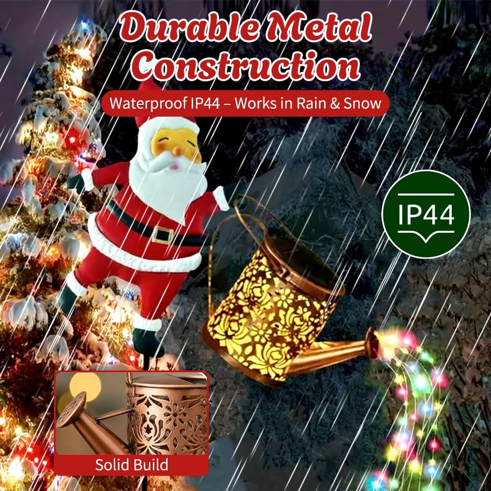 Christmas Santa Solar Kettle Lights Garden Lawn Decorative Outdoor Waterproof Hanging Metal Watering Can for Decor, Patio Yard D