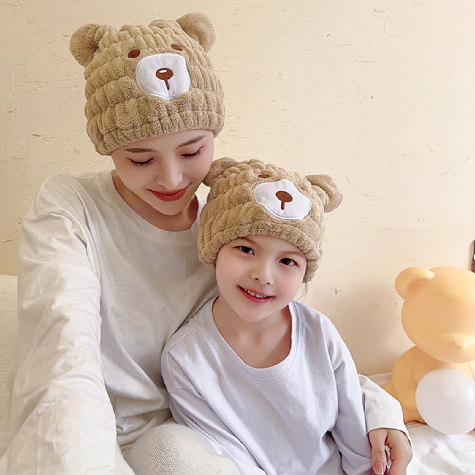 LCBD Microfiber Hair Towel Wrap for Kids, Brown Bear Dry Hair Cap Set with Hair Scrunchies, Absorbent Quick Hair Drying Towel fo